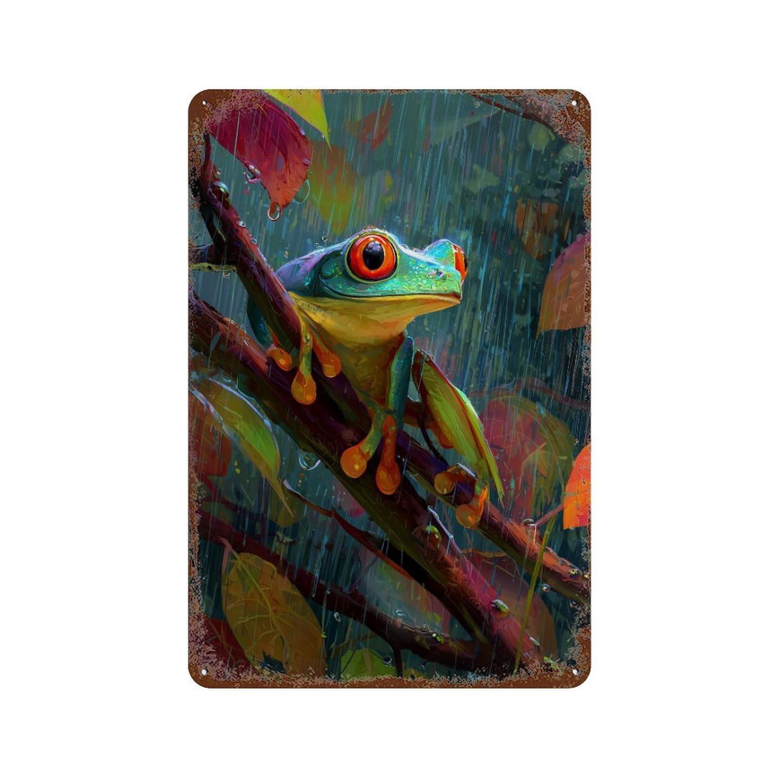 Vintage Rust Metal Sign Rainforest Frog in Action 11.8"x7.9", Old School Wall Decor for Garage, Bar And Workshop Decor