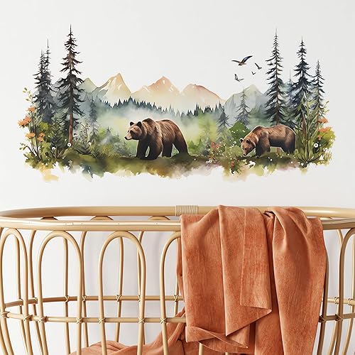 Calcomanías de pared con diseño de oso marrón, diseño de animales salvajes de la selva salvaje, vinilo extraíble para sala de estar, dormitorio,