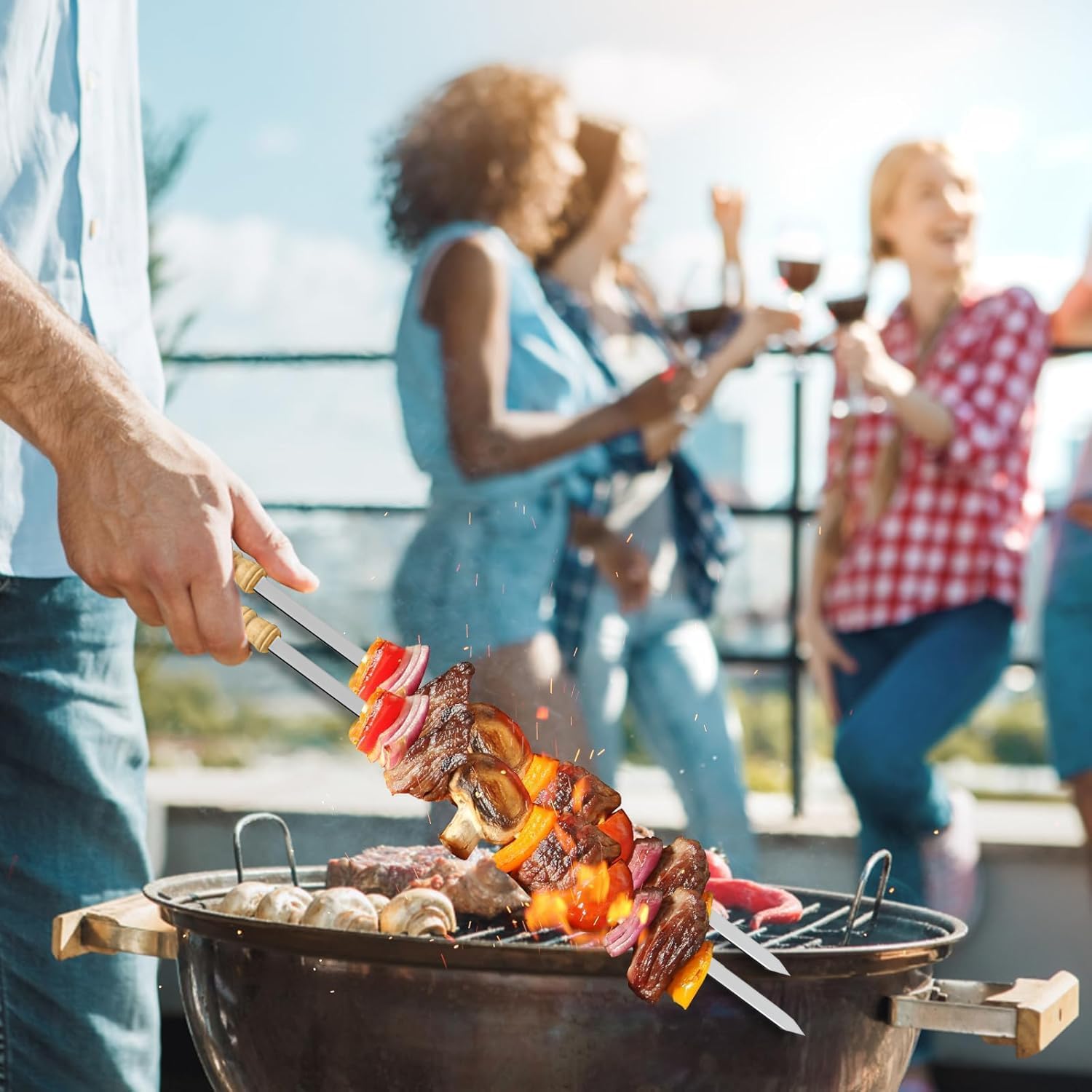 12 Piezas Brochetas Planas para Barbacoa de Acero Inoxidable con Mango de Madera, Pinchos para Barbacoa Reutilizables y Resistentes, Ideal para Parrilla, Pinchitos, Pinchos Morunos y BBQ, 50cm