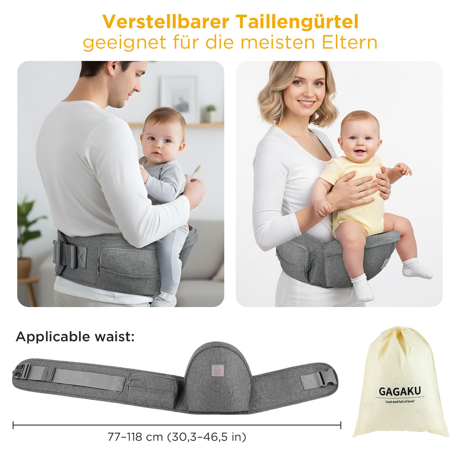 GAGAKU Ergonomico Hipseat Marsupio Seggiolino per bambini a vita leggera sgabello 0-36 mesi poliestere neonato - Grigio