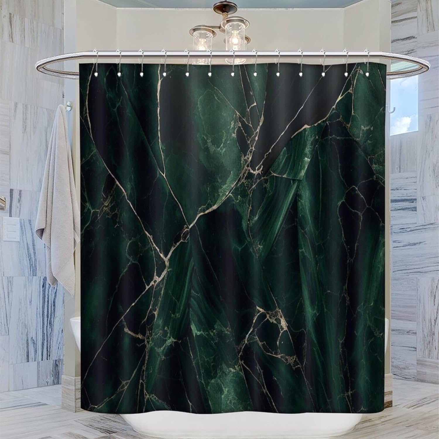 Dark Green Printed Shower Curtains,Marble Texture Modern Abstract Art Print Shower Curtain for Bathroom Decor Polyester Fabric Waterproof Upholstery Hook 66x72inch