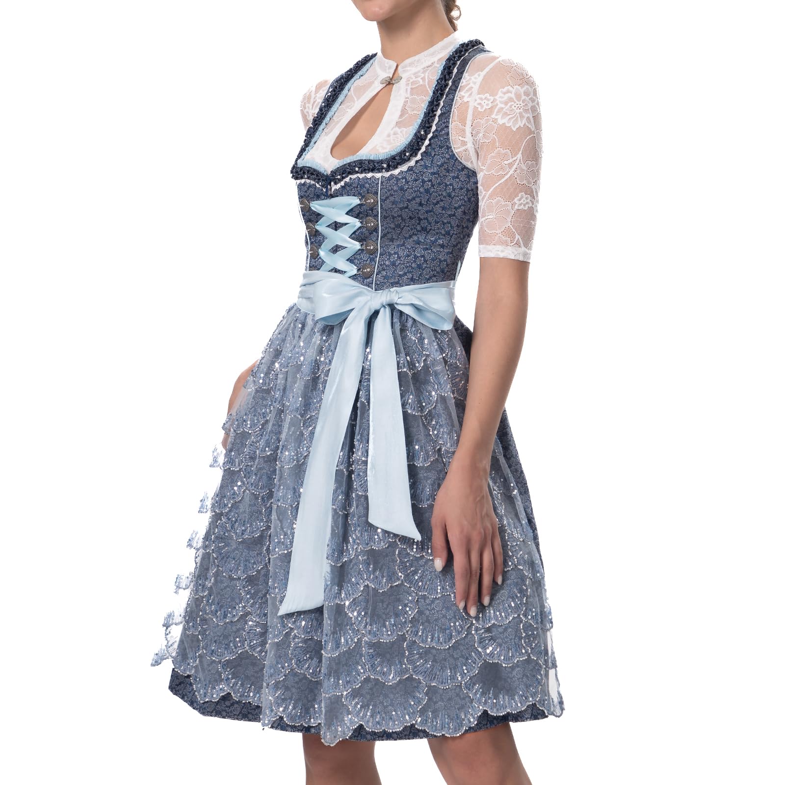 Dirndl Schwarz Trachtenkleid Dirndl Damen Midi 60cm Exklusiver | mit Spitzenschürze,Knielang Dunkel Trachtenmode Dirndlkleid Oktoberfest Bavarian, mit Eingenähten Tasche (Ohne Bluse)