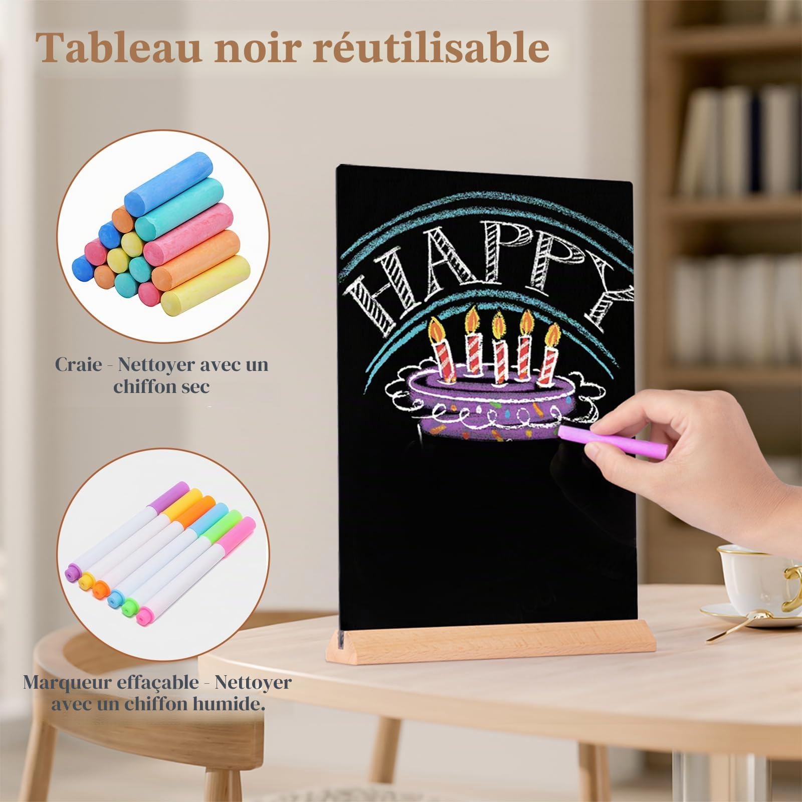 Tableau Noir A4, 2 Pièces Mini Tableaux Noirs avec Supports en Bois, Double Face Ardoise Craie Signes, Étiquettes de Prix en acrylique pour Menus Mariage Bar Café