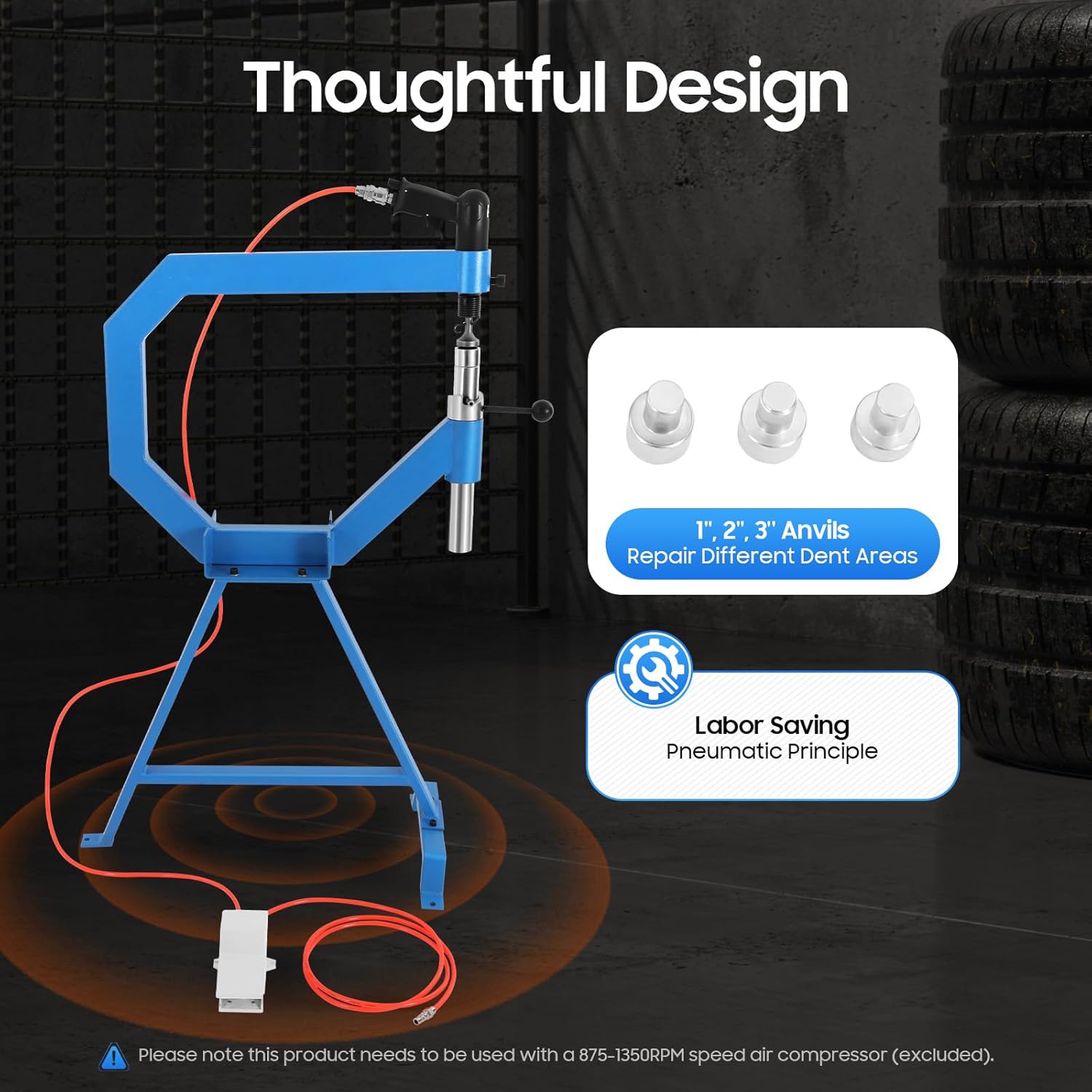 Pneumatic Planishing Hammer, Thin Sheet Metal Shaping Machine w/Foot Pedal & Steel Stand, 4" Throat Polisher, 1/2/3" Radius Anvil, 50 to 100 PSI