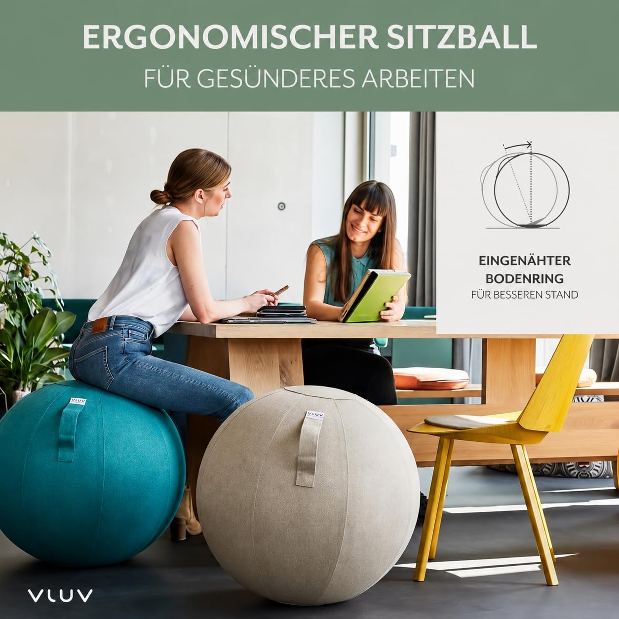 VLUV® BOL LEIV Sitzball Büro ergonomisch - Gymnastikball mit Stoffbezug & Wegrollschutz - Bürostuhl Alternative für Home Office, Rücken Training & Schwangerschaft