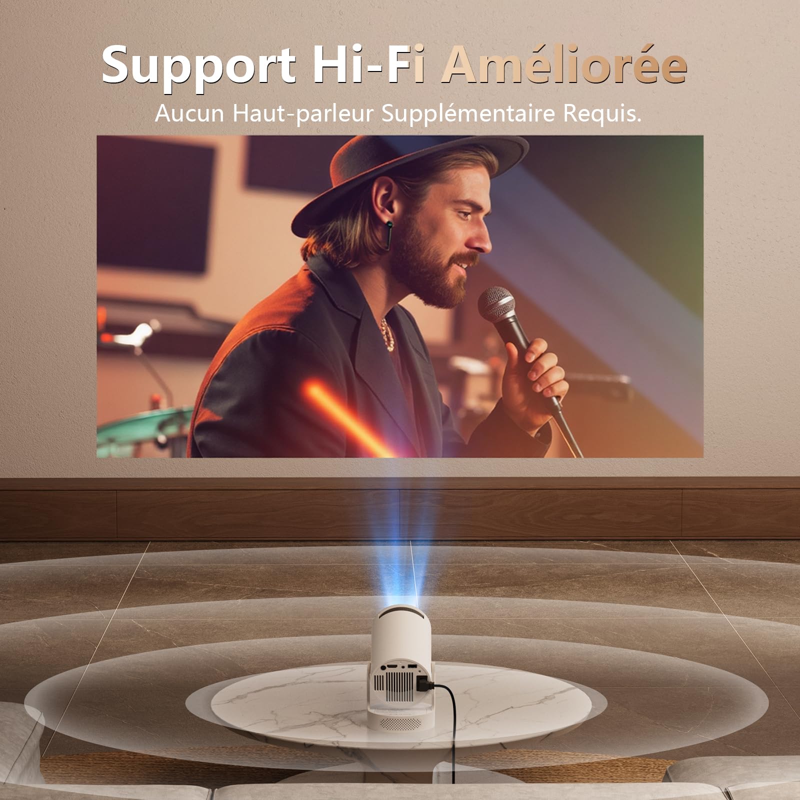Mini Projecteur Intelligent, Projecteur Vidéo Hi-FI avec Prise en Charge de la 4K 1080P, 300 Lumens ANSI, WIFI6 et Bluetooth et Projecteur à Correction Automatique pour Cinéma à Domicile