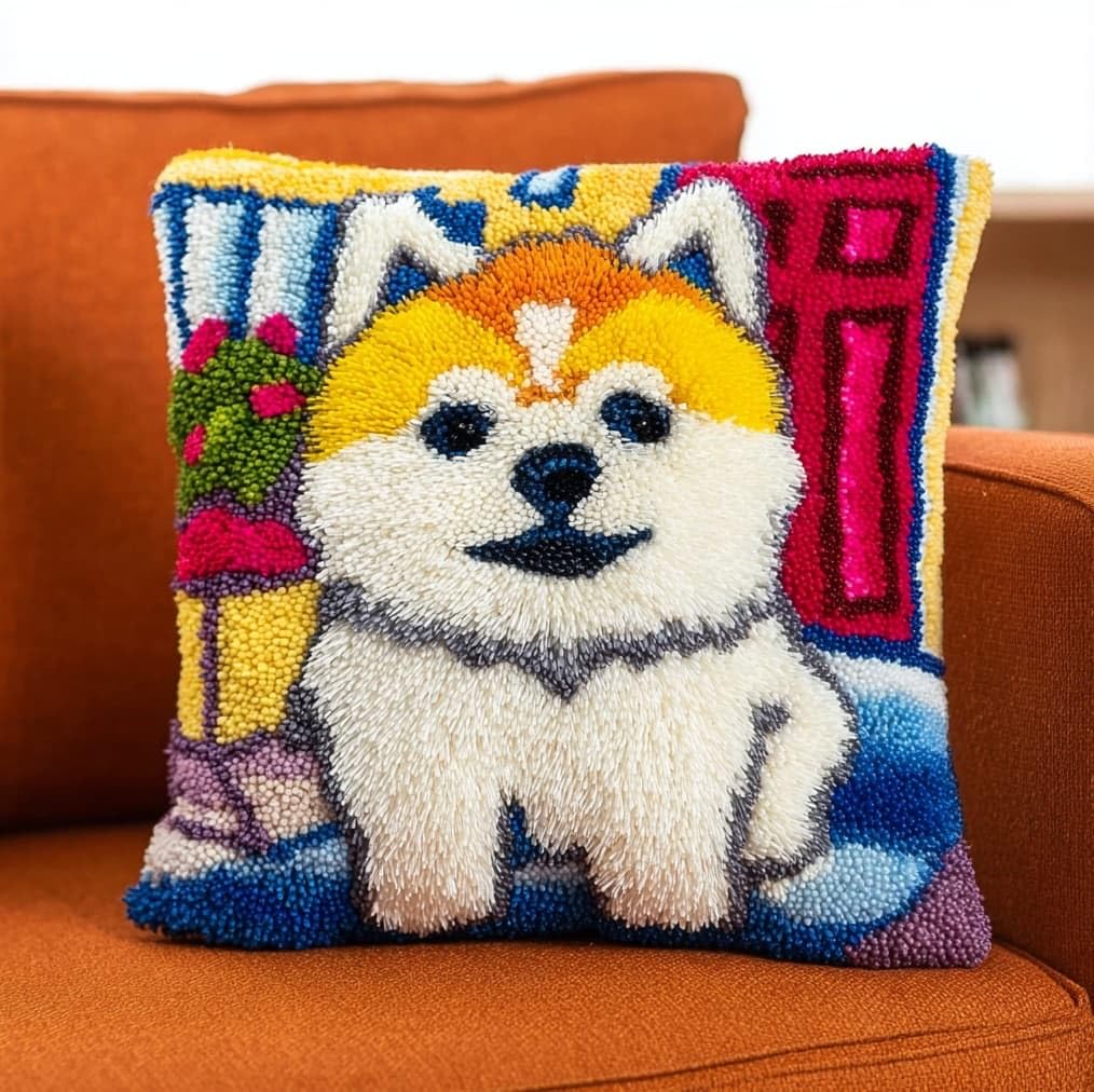 Henypt Latch Hook Cushion Kit 43x43cm,Cute Puppy Beginner Friendly Needlecraft Set,Adult Craft Hobby kit,Easy Latch Hook for Home Decor,