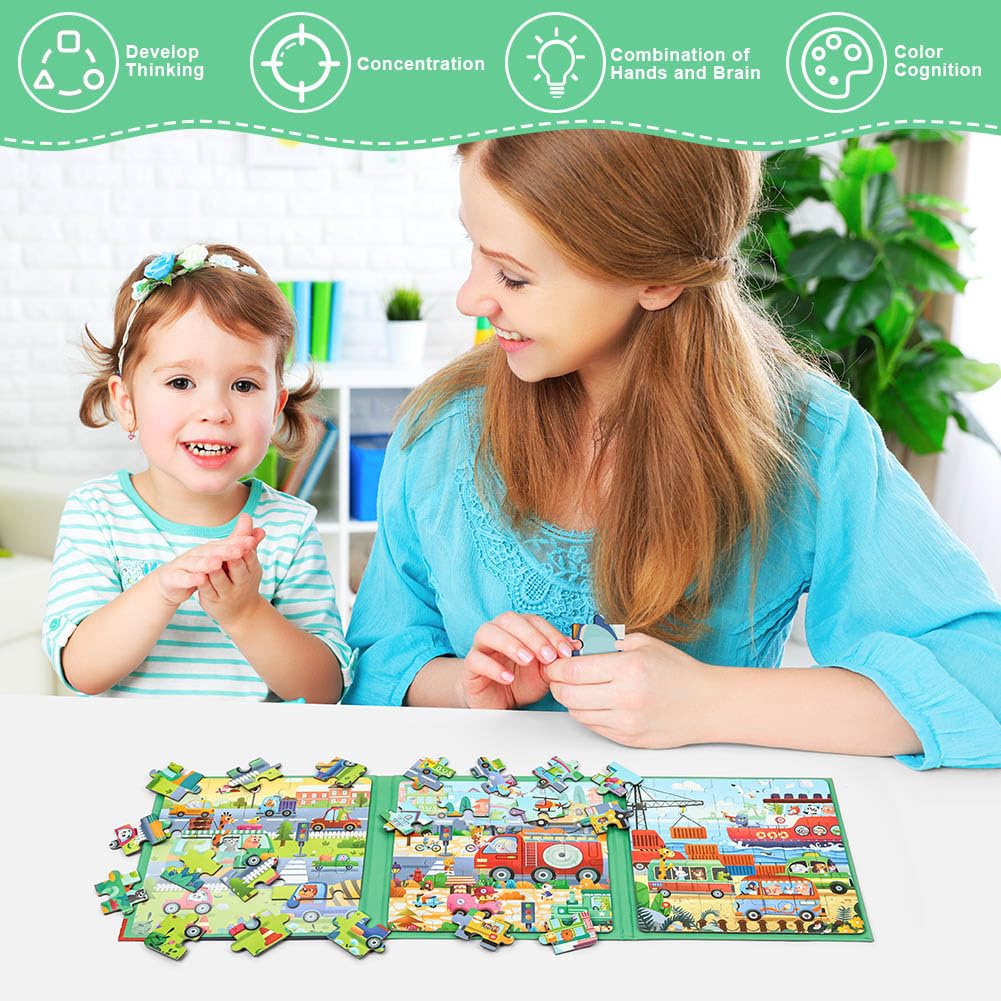 Aolso Puzzles magnétiques pour enfants de 3 à 5 ans, jouets de voyage, jouets éducatifs, meilleur cadeau d'anniversaire pour garçons et filles - Scènes de circulation