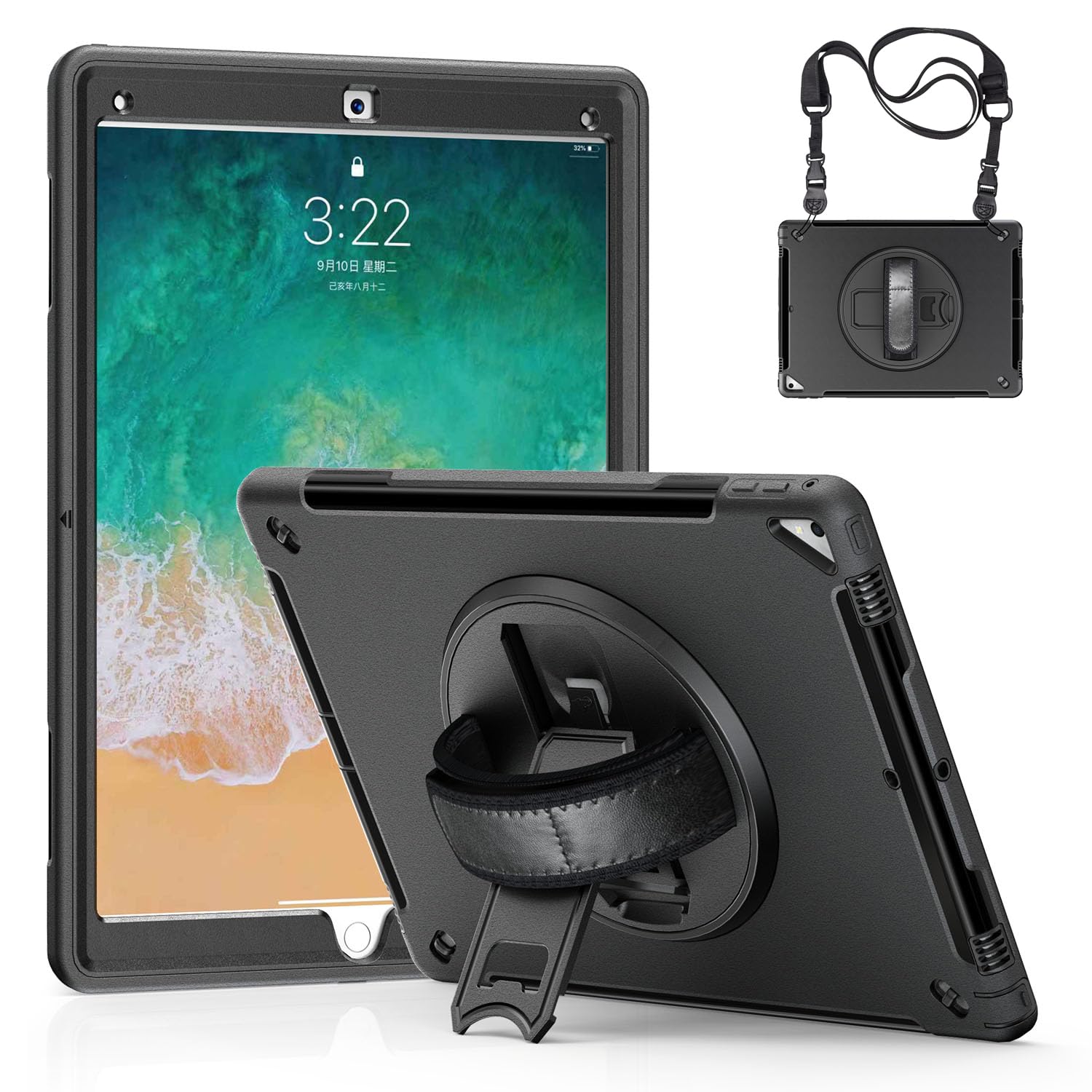 Case for iPad Pro 12.9 inch 2017/2015 (2nd & 1st Generation), [360 Rotating Hand Strap], Heavy Duty Rugged TPU Protective Cover with Handle Hand & Shoulder Strap & Pencil Holder,Black