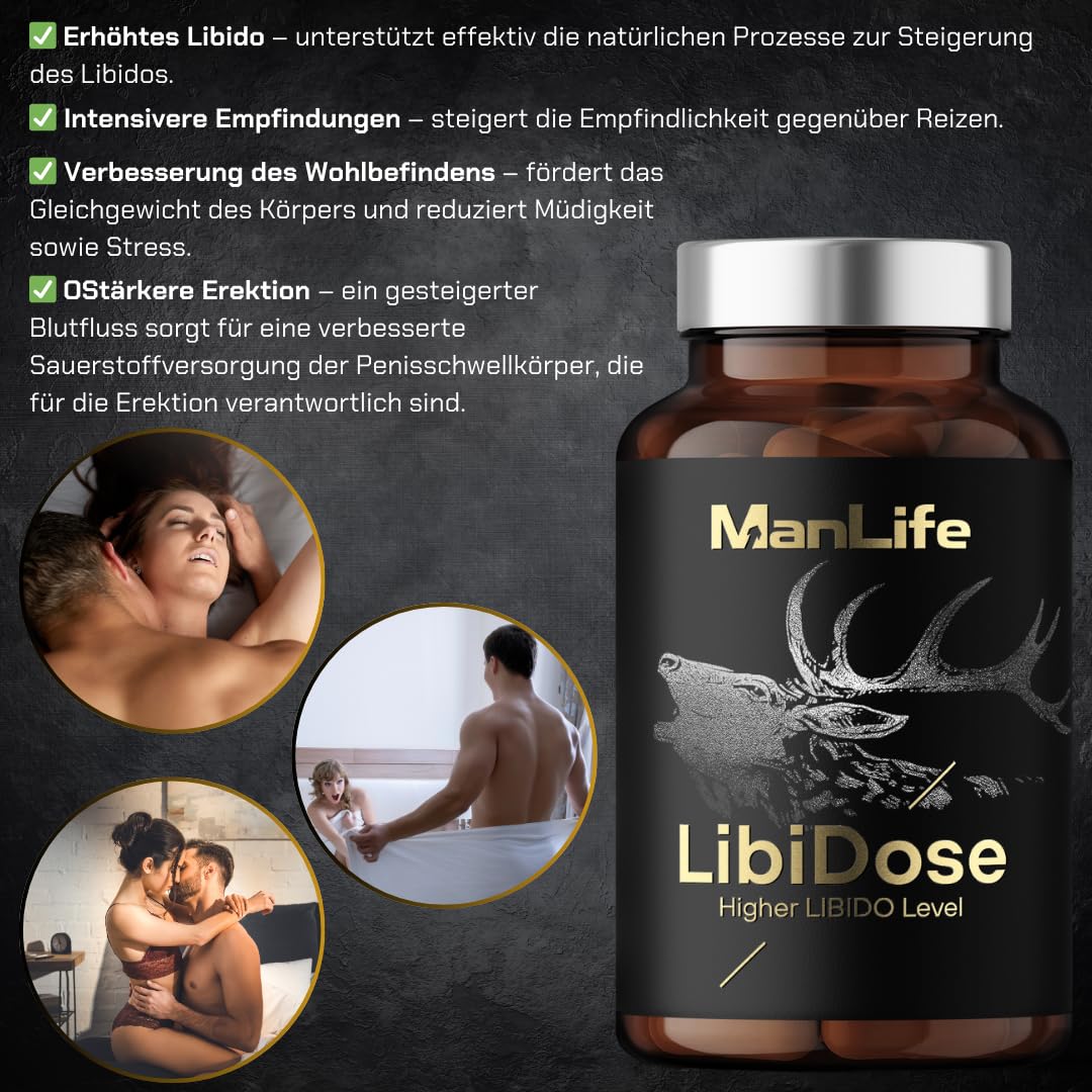 Libido Booster – MACA, Tribulus terrestrisn, Muira puama, Rhodiola rosea - Kapseln für Männer zur Steigerung von Libido, Empfindungen, Verlangen, Leidenschaft | ManLife LibiDose 90 vegane Kapseln
