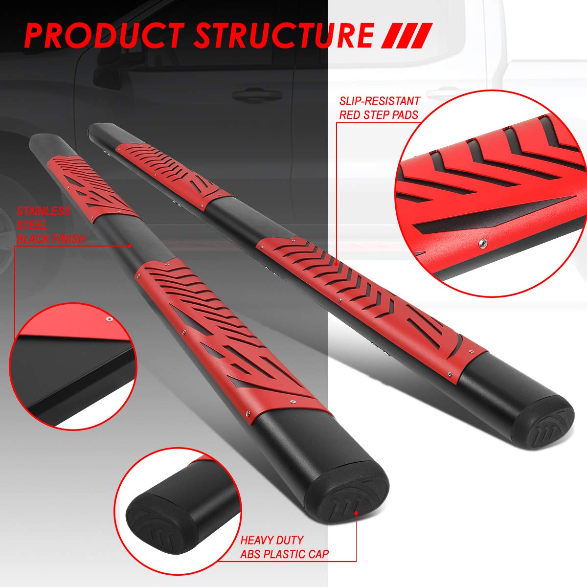 Auto Dynasty Running Boards 5 Inches Oval Side Bar for Truck with Red Steps Plate Compatible with Silverado Sierra 1500 2500HD 3500HD Crew Cab 2007-2019, Stainless Steel, Black Painted Finish