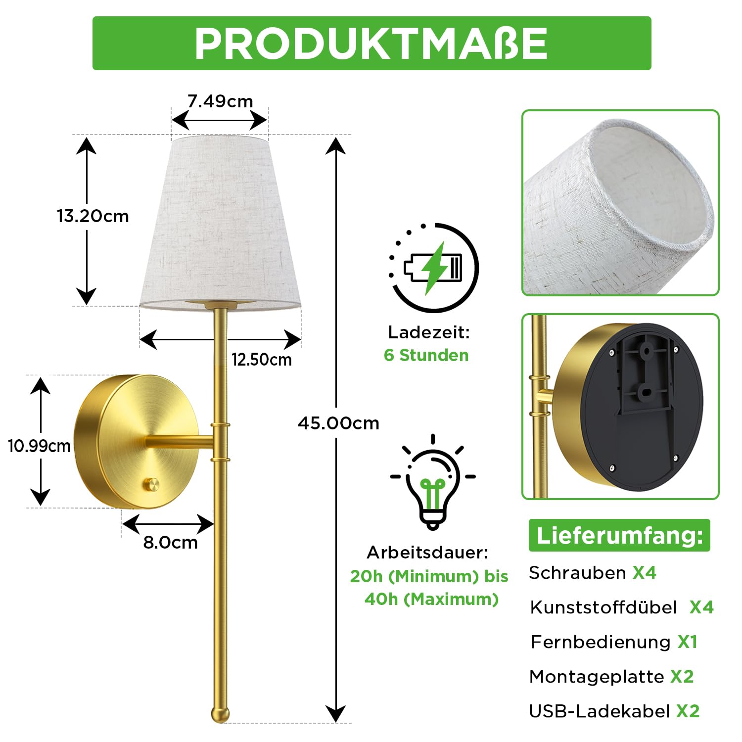 LUTEC Wandleuchten-Set (2 Stück), wiederaufladbare, kabellose Wandleuchten mit 5200 mAh Akku, RGB-Beleuchtung, dimmbar und mit Fernbedienung, 12 Farben, Wandleuchten für Schlafzimmer/Wohnzimmer/Flur
