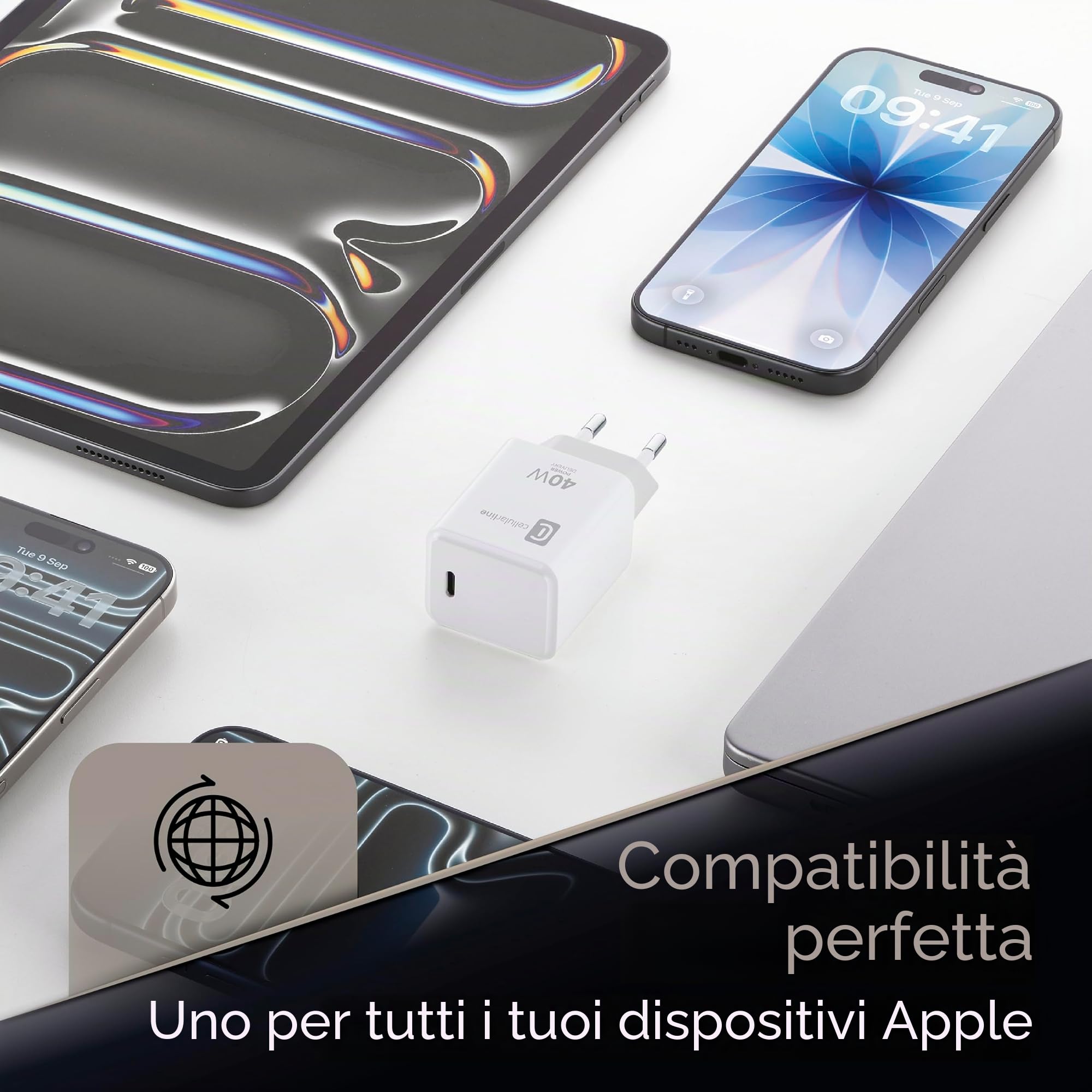 Cellularline Caricabatterie USB-C 40W PD - Ricarica Rapida per iPhone Serie 17, iPad Pro 2025, MacBook - Bianco