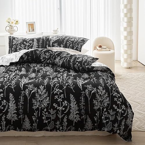 URBONUR Juego de edredón de tamaño matrimonial, juego de edredón floral botánico con sábanas, edredón blanco y negro, edredón de 5 piezas, sábana