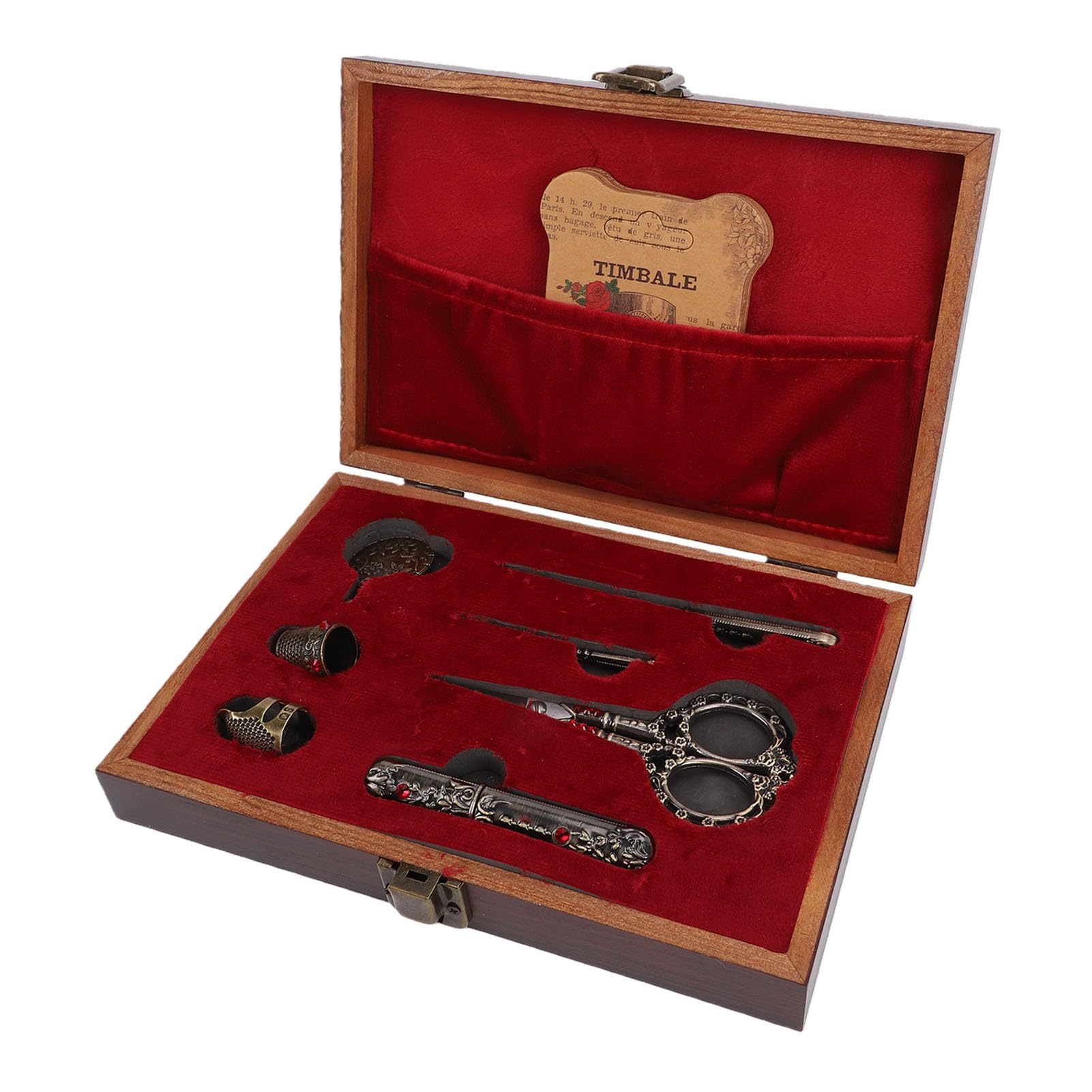 SIXRUN Kit de Tijeras de Bordar Vintage, Caja de Costura de Madera Maciza con Herramientas de Costura de Acero Inoxidable, 10 Bobinas, 6 Agujas, Juego de Estilo Antiguo para Coser Acolchar y Tejer