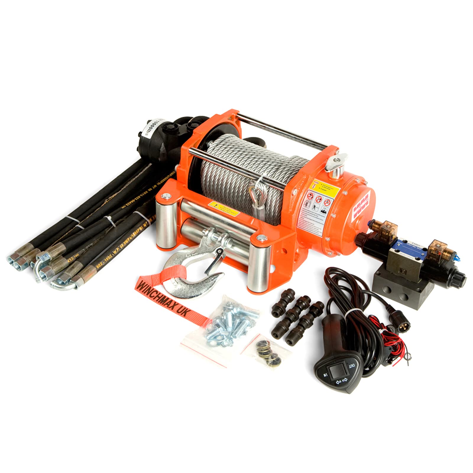 WINCHMAX. Verricello idraulico da 4.536 kg (10.000 lb). Fune in acciaio da 25 m x 9,1 mm. Gancio da 9,5 mm. Sistema di controllo a 12 V.