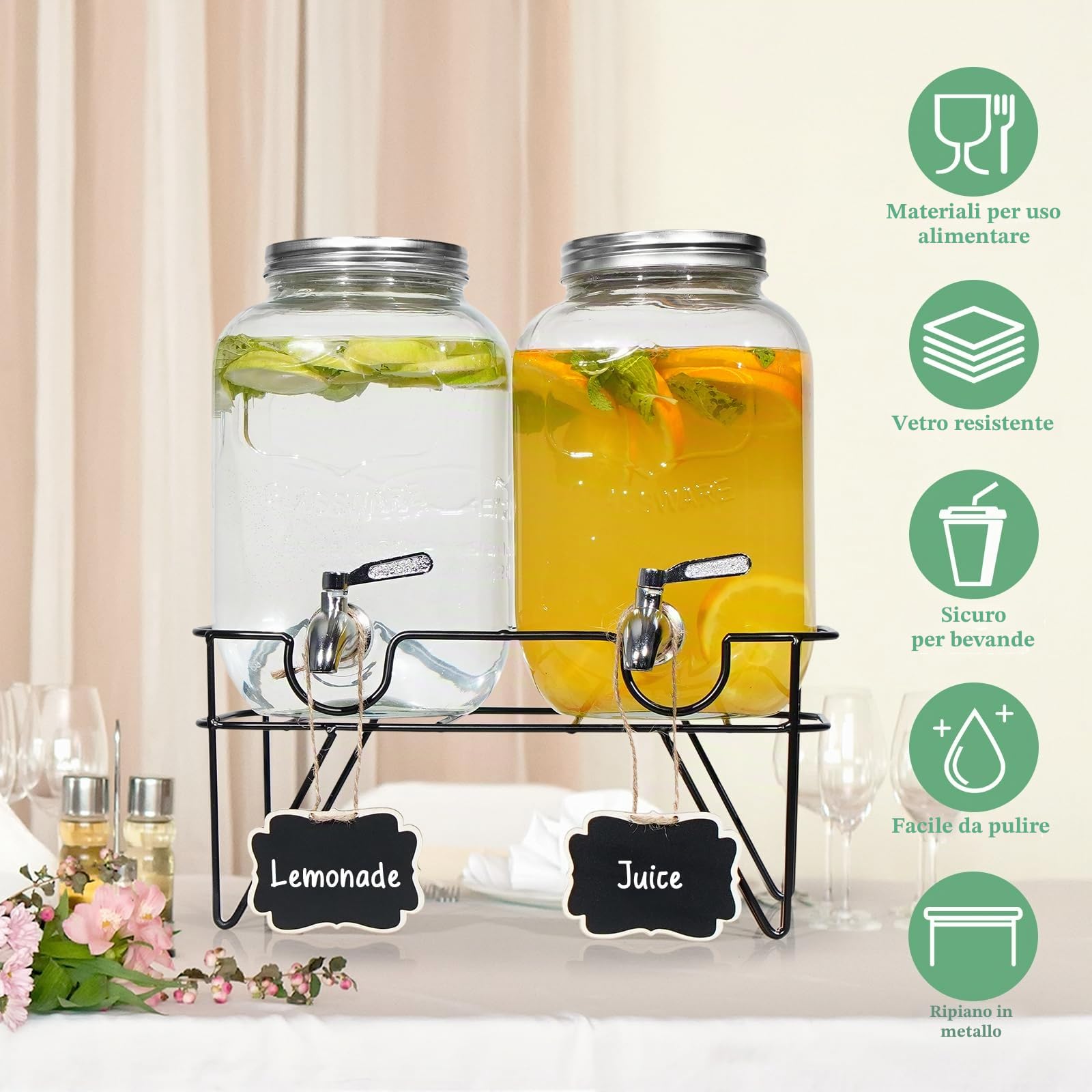 Hisredsun 2 x 4L Dispensatore di bevande in vetro per acqua e succo di frutta con supporto in metallo, brocca d'acqua con rubinetto perfetto per feste, matrimoni, compleanni