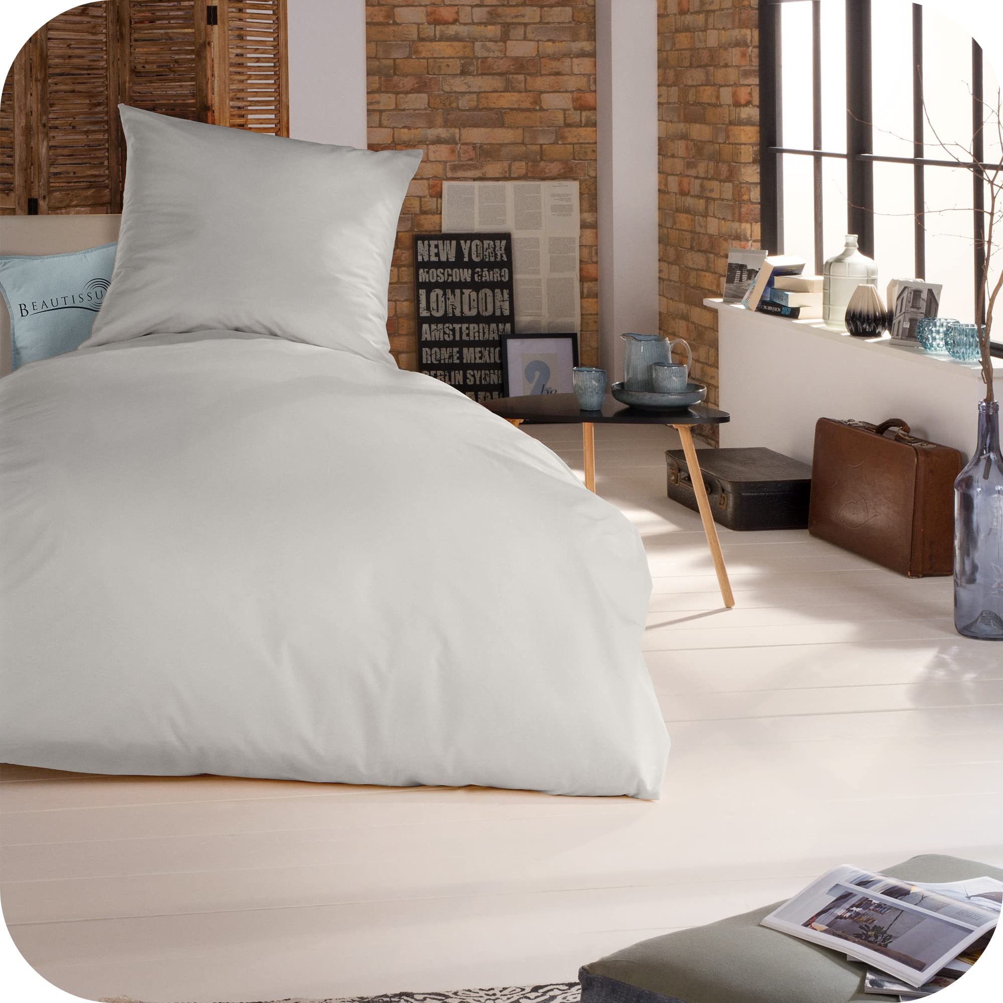 Beautissu Set di 2 copripiumino biancheria da letto singolo in 100% cotone | 135x200 bianco federa cuscino 80x80 dotato di cerniera renforcé Julie