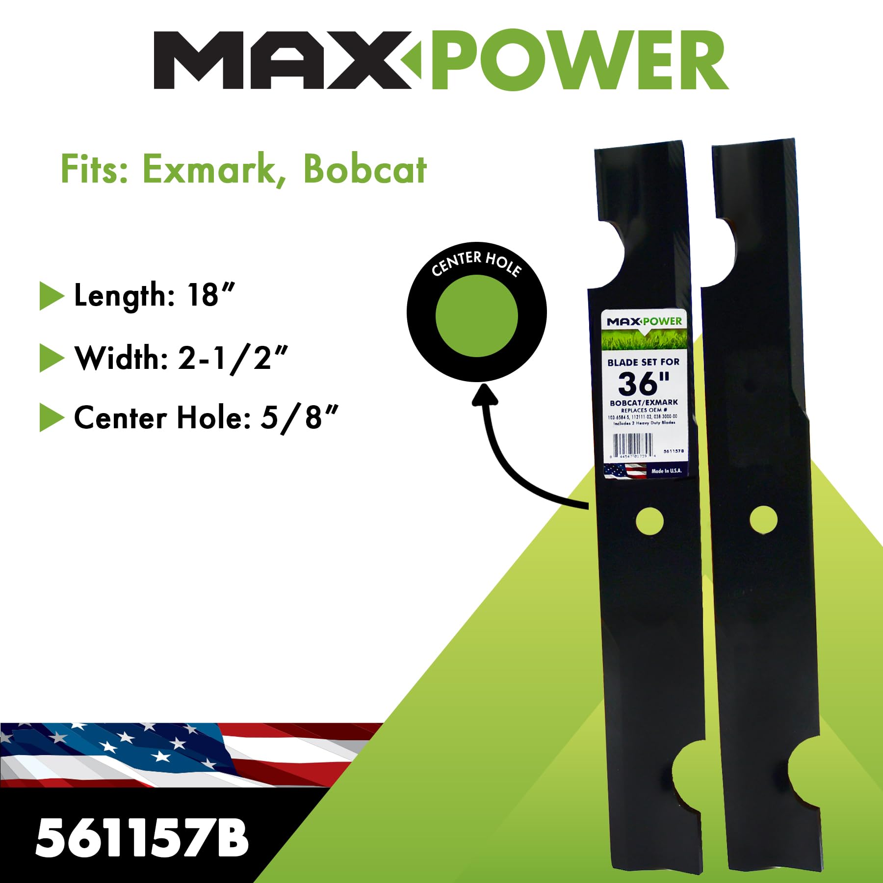 MAXPOWER 561157B - Juego de 2 Cuchillas para cortacéspedes ExMark, Bad Boy y Snapper de 36 Pulgadas, sustituye a los números OEM 038-3000-00, 303283, 112111-02, 7075751, 633482