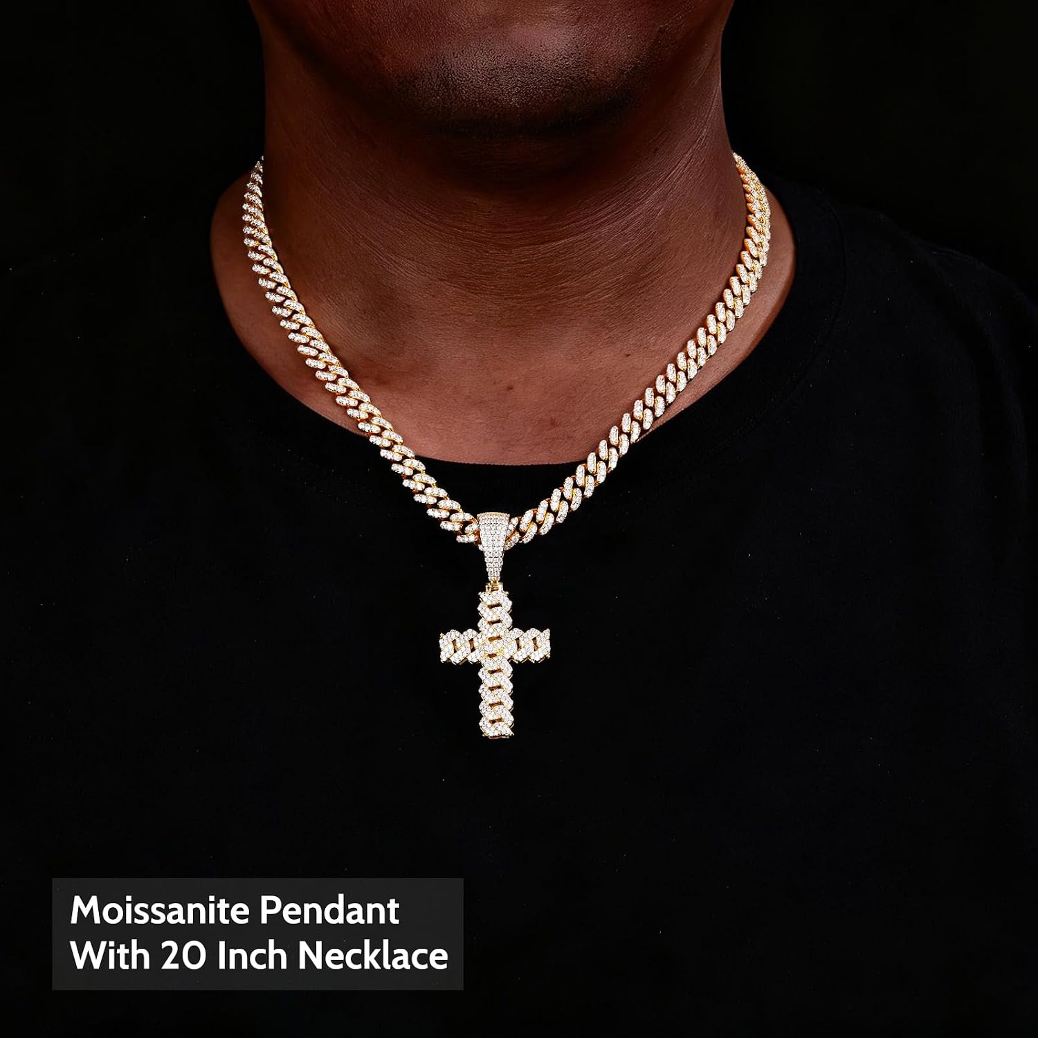 Ucciyo Moissanite Cross Necklace 2.7 Carat Iced Out Moissanite Cross Pendant 925 Sterling Silver Cross Chain Necklace D Color VVS1 18k Gold Plated Christian Pendant