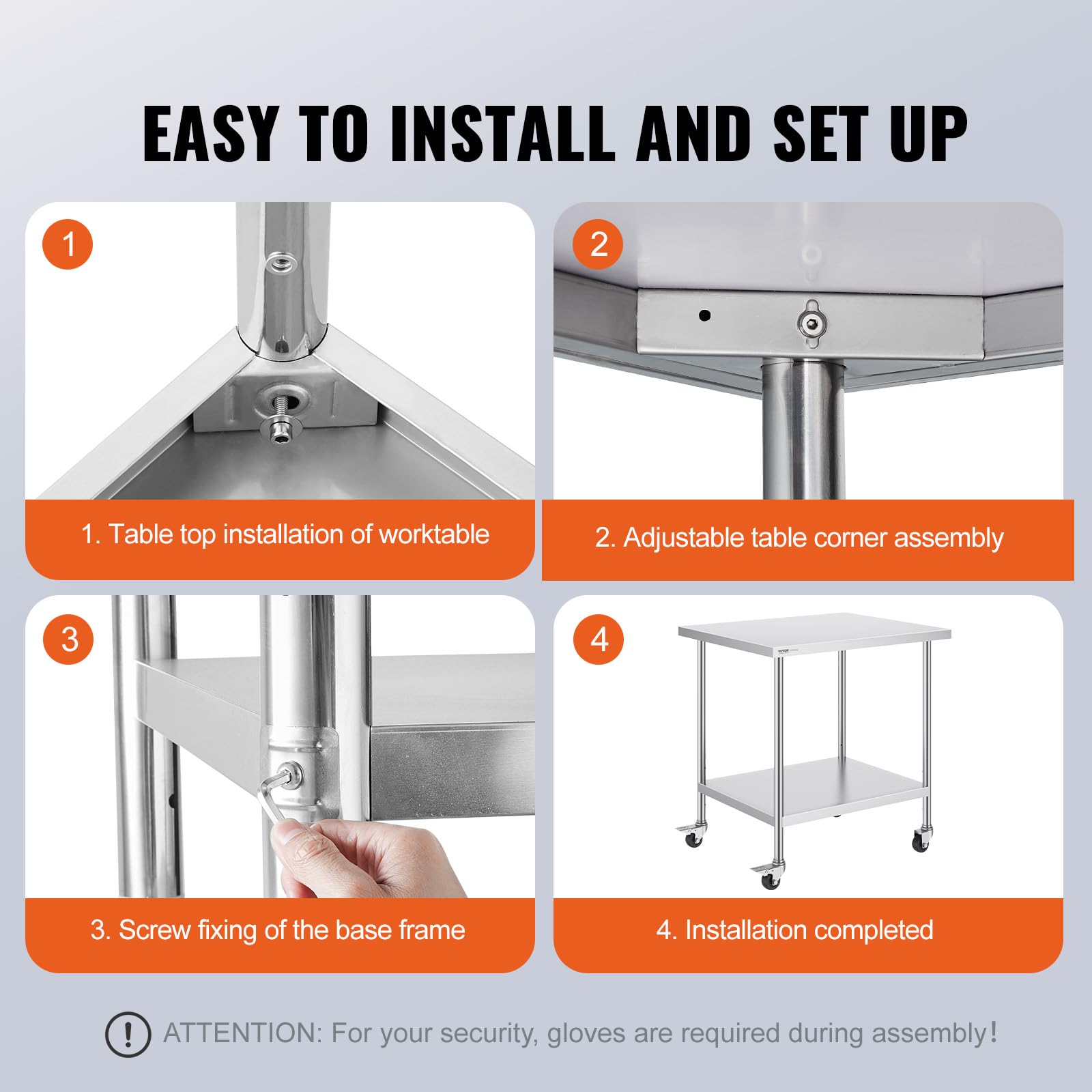 VEVOR Table de Travail en Acier Inoxydable 45,7 x 76,2 x 95,5 cm, Table de Préparation des Aliments avec 4 roulettes, 3 Niveaux de Hauteur Réglables, Meuble Rangement Durable pour Cuisine Restaurant