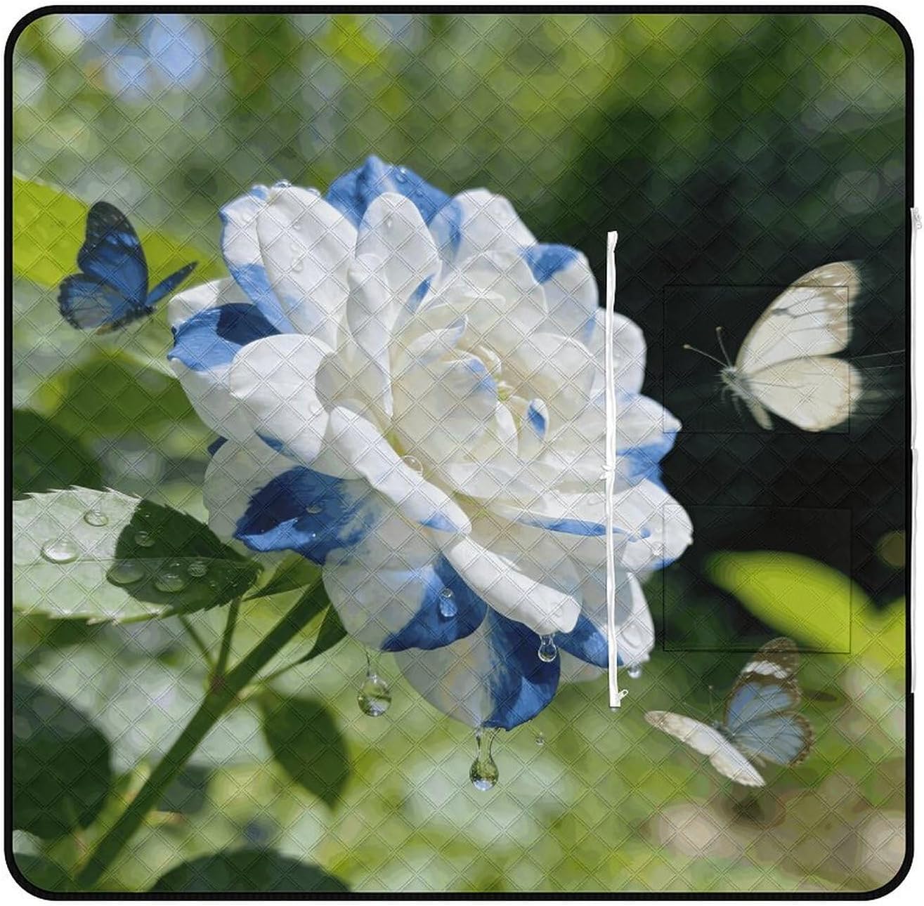 White Blue Flower Picnic Blanket with Zipper Water Resistant Sand Free Picnic Mat Washable Foldable Easy Carry Beach Blanket for Lawn Beach Hiking Camping