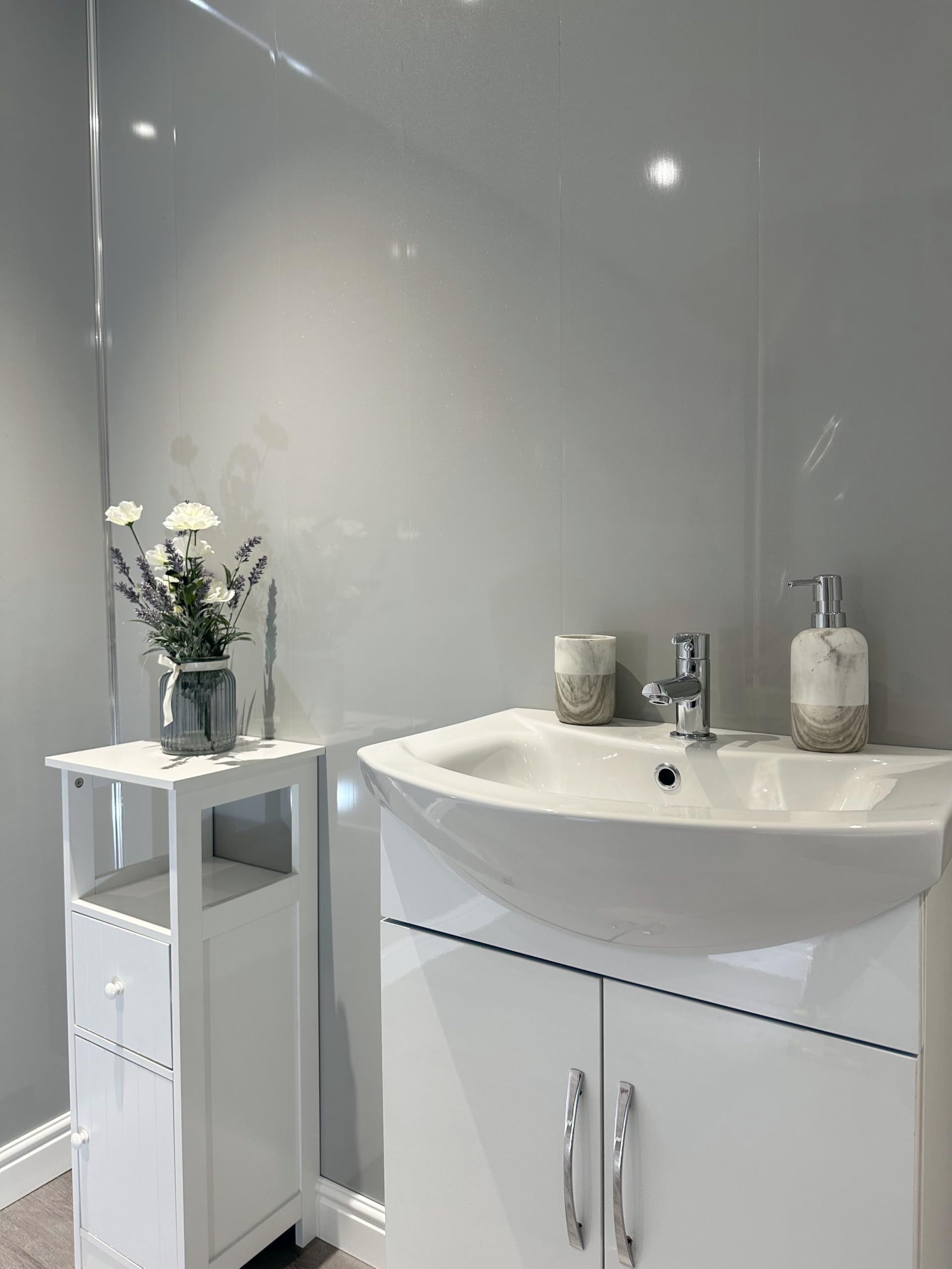 DBS Platinum Grey Shimmer PVC Bathroom Cladding Ceiling Panels Shower Wet Wall Kitchen (11 Panels)