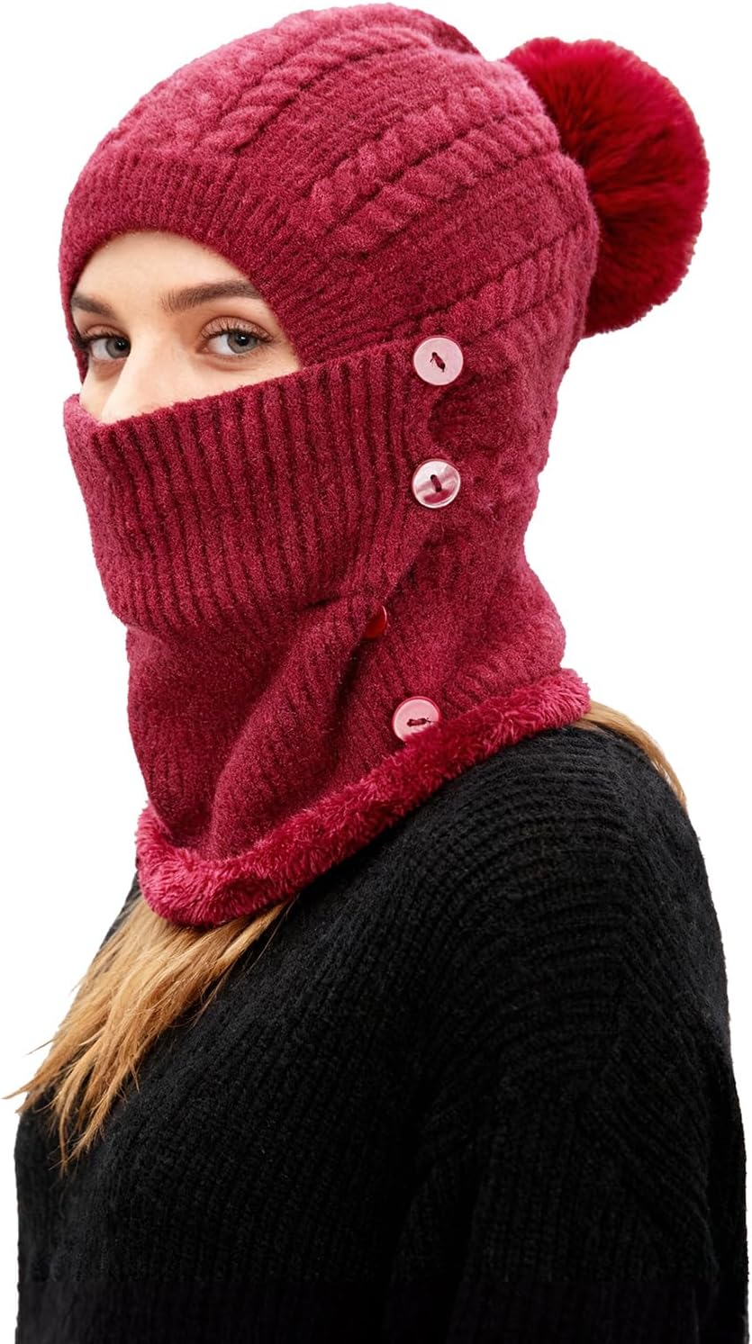TAGVO Winter Warm Knitted Cap＆Neck Warmer Sets,Flexible Knit beanie Hat With Hairball,Soft Thick Fleece Lined,Women Adjustable Face Mask For Outdoor Sports,Winter Gift