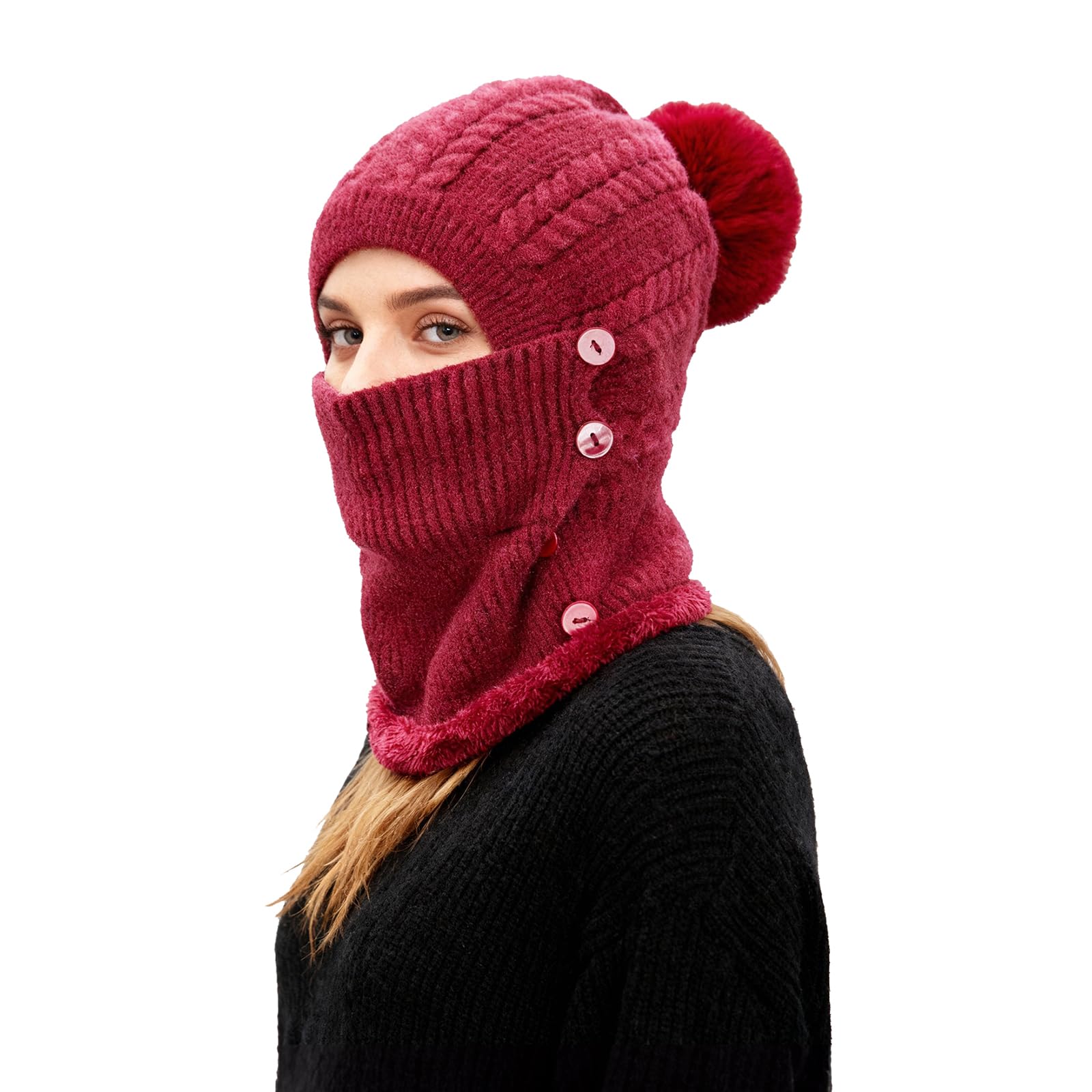 TAGVO Winter Warm Knitted Cap＆Neck Warmer Sets,Flexible Knit beanie Hat With Hairball,Soft Thick Fleece Lined,Women Adjustable Face Mask For Outdoor Sports,Winter Gift