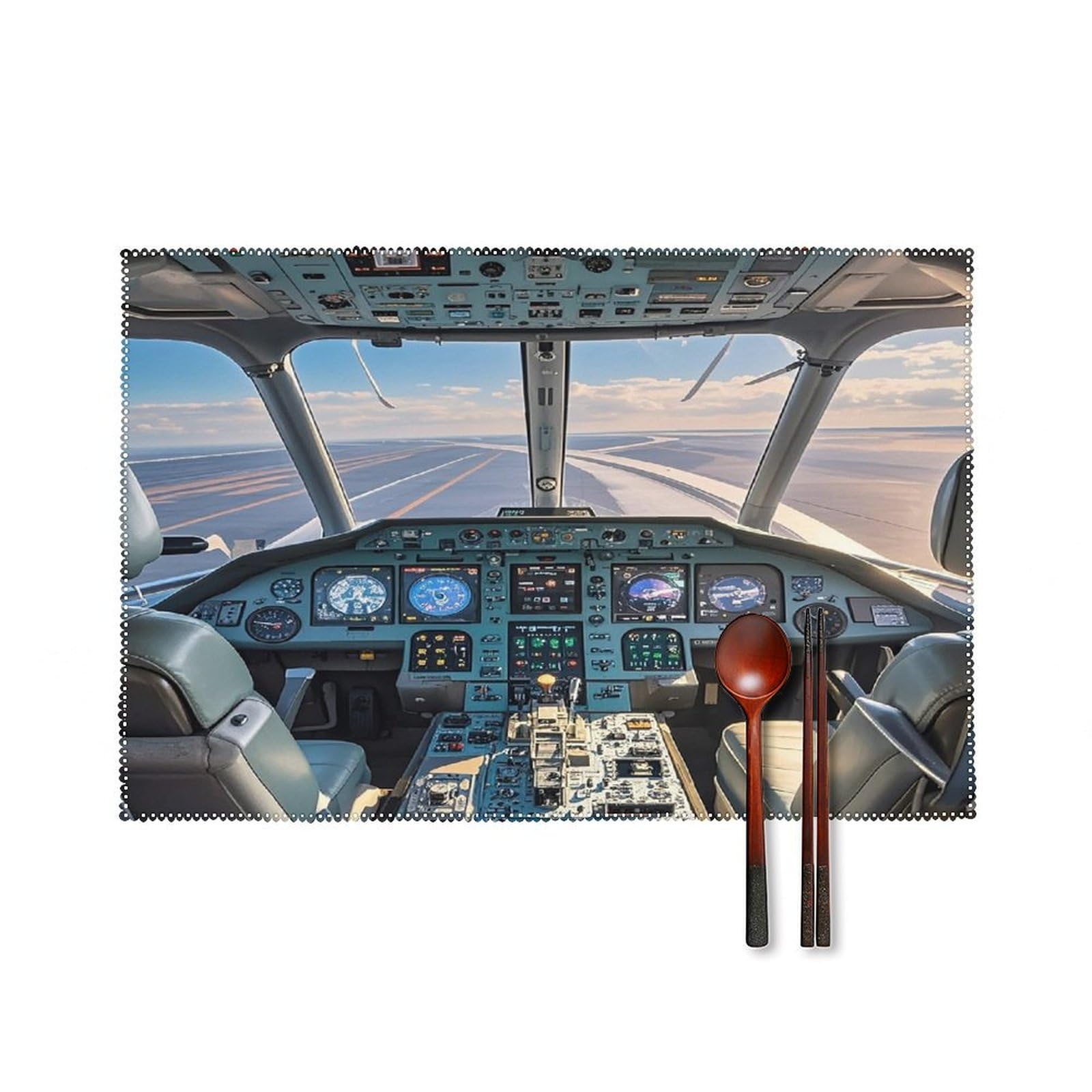 Airplane Cockpit Placemats Washable Canvas Place Mats Decoration Placemat for Dining Table Easy to Clean Tables Mat Set of 6 for Kitchen Dining Room Coffee Table