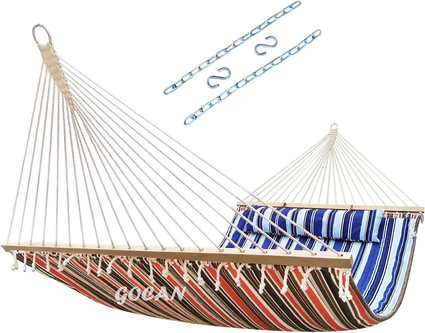 GOCAN Double Hammock with Quilted Fabric and Spreader Bars,Longer and Sturdier,Quality Hammocks for Outdoor Indoor Patio Yard