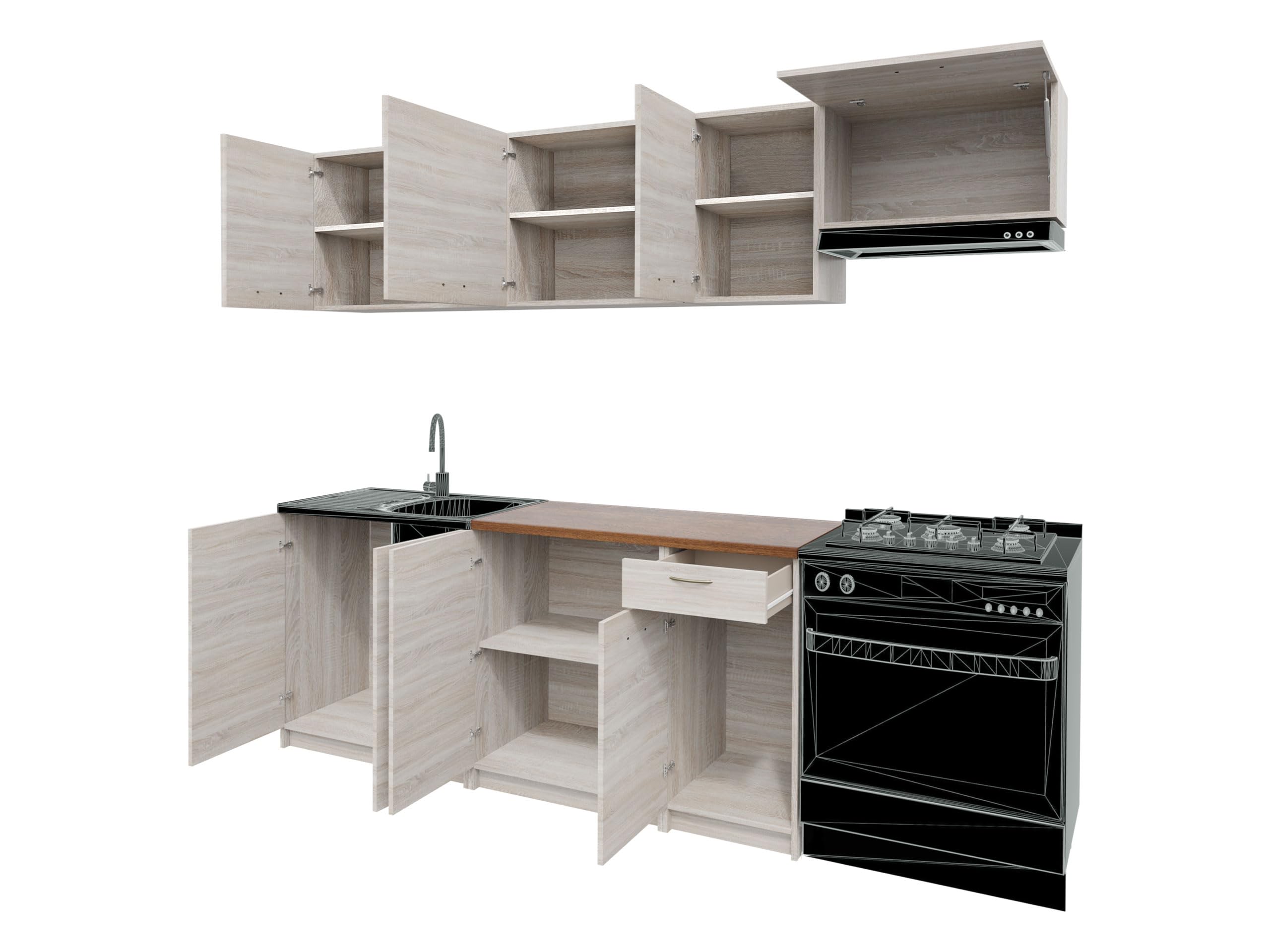 Mirjan24 Mela Küchenmöbel Set 180/240 cm mit Arbeitsplatte - Moderne Einbauküche in Creme/Beige, Hängeschränke & Unterschränke, 7 Schrank-Module (Cashmere/Schwarz)