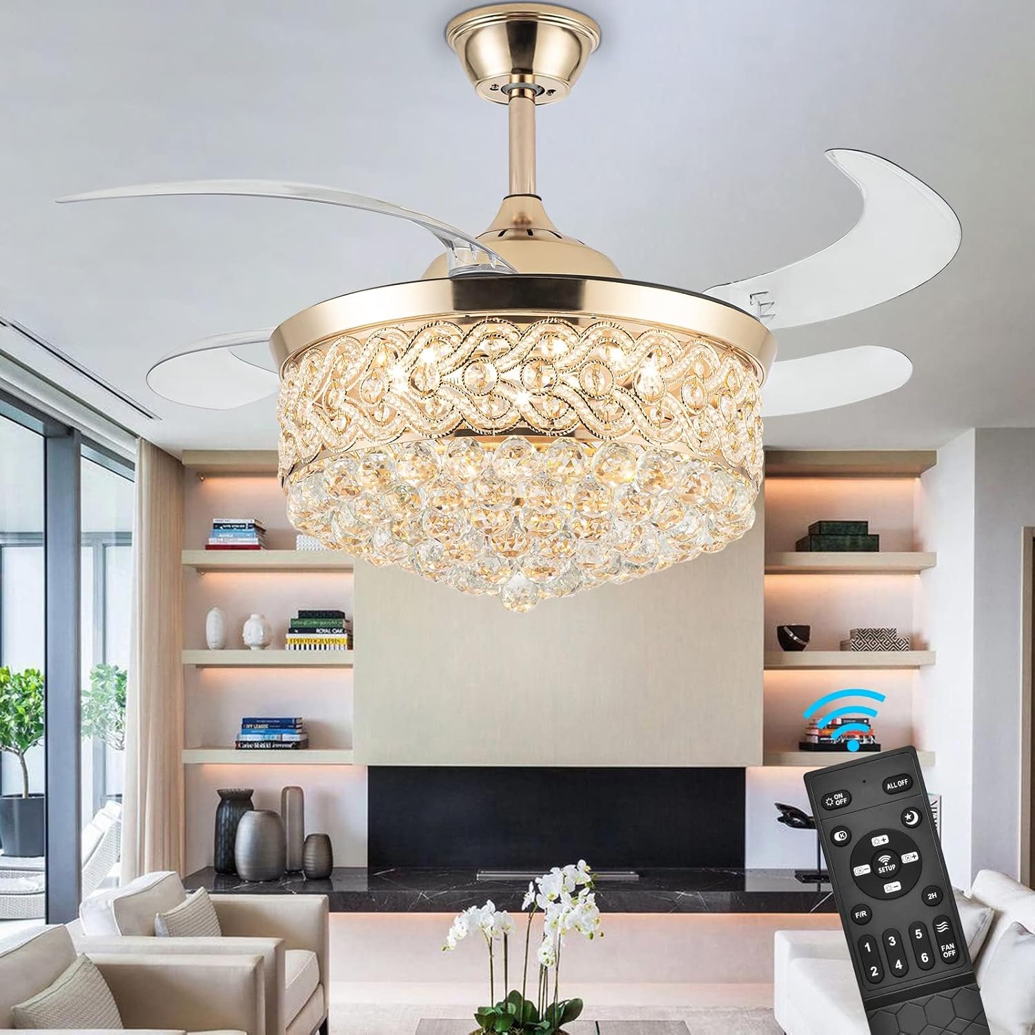 BAVNNRO 42" Crystal Ceiling Fan with Light and Remote, Modern Gold Chandelier Ceiling Fan with 4 Retractable ABS Blades for Bedroom, Living Room, Dining Room