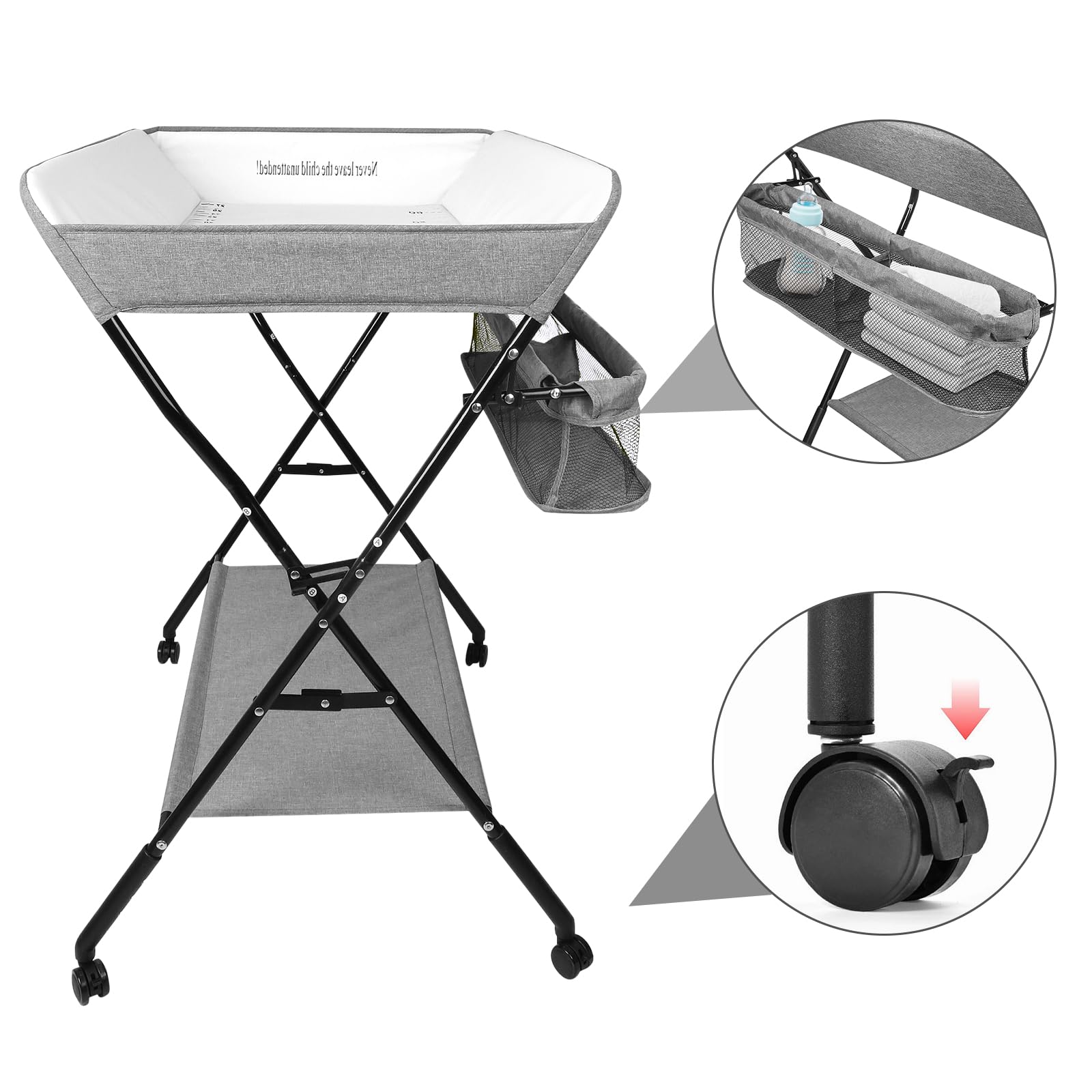 OHMG Cambiador plegable para bebé, cambiador con ruedas, cambiador móvil con cambiador, cinturón de seguridad y compartimentos de almacenamiento, resistente al agua y altura ajustable, estable