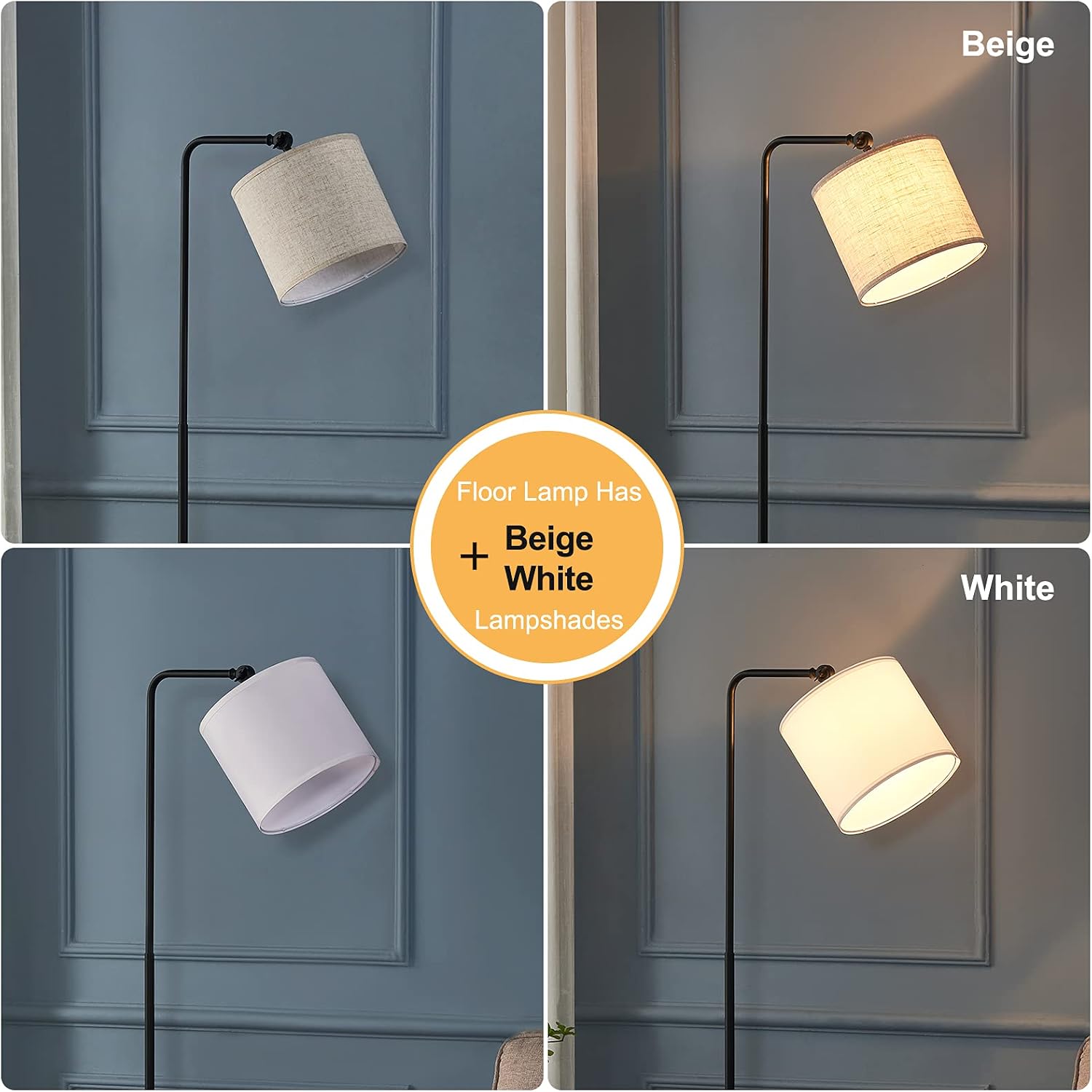 Hong-in LED Floor Lamp Adjustable Standing Lamp with 2 Lampshades, Tall Lamp Modern Floor Light for Living Room Bedrooms Corner, Reading Lamp for Bedroom with Foot Switch