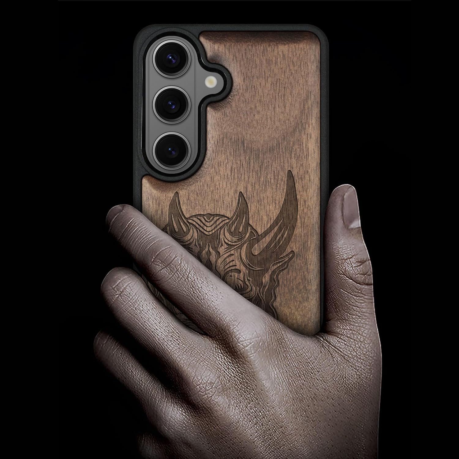 Carveit Magnetic Wooden Case for Samsung Galaxy S26 Case 2026, TPU Shockproof Cover & Wood Artisan Engraved, Compatible with MagSafe Wireless Chargers (Japanese Oni Mask) Walnut