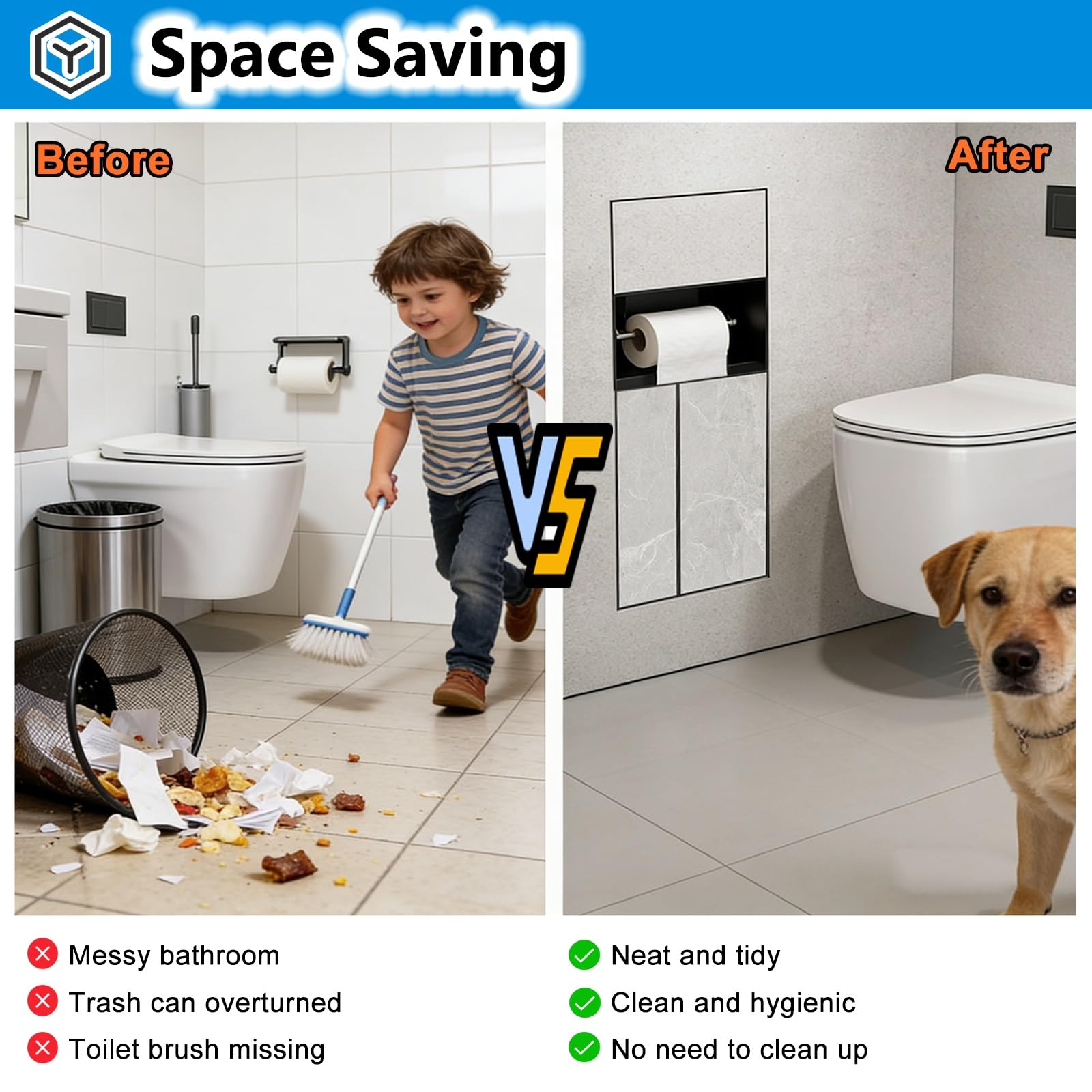 Nicho de pared para baño, cubo de basura oculto 4 en 1 y estante de almacenamiento de caja de pañuelos, gabinete dispensador de papel higiénico empotrado, ahorro de espacio