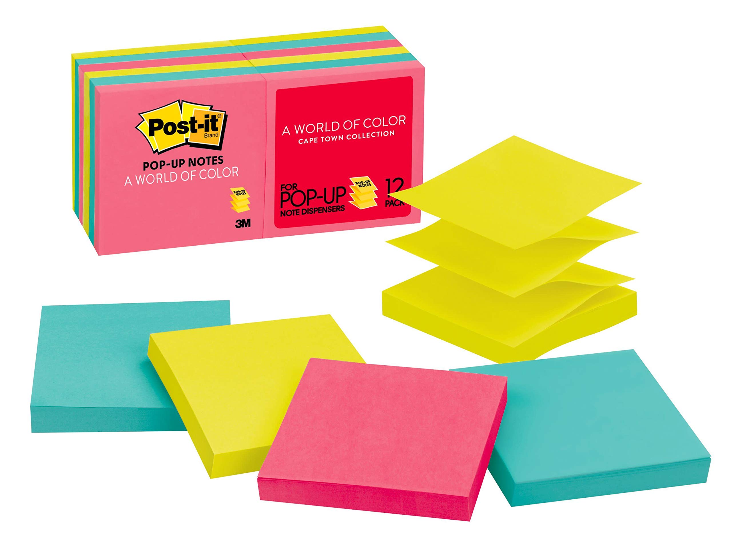Post-itPop-up Notes, 3 in x 3 in, 12 Pads, America's #1 Favorite Sticky Notes, Cape Town Collection, Bright Colors (Magenta, Pink, Blue, Green), Clean Removal, Recyclable (R330-AN)