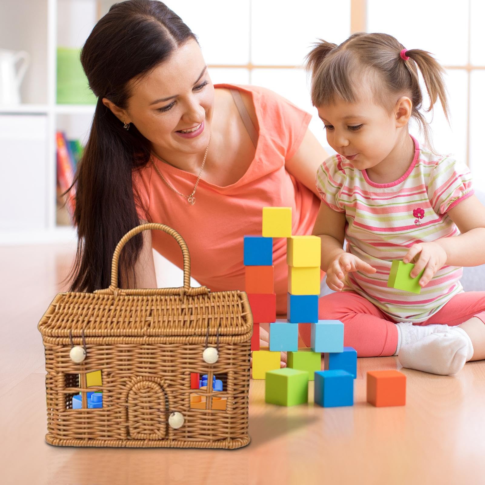 Cestas de mimbre para almacenamiento, decoración rústica para el hogar, portátil, cesta de almacenamiento de juguetes tejida a mano con tapa, para baño, lavandería, habitación infantil
