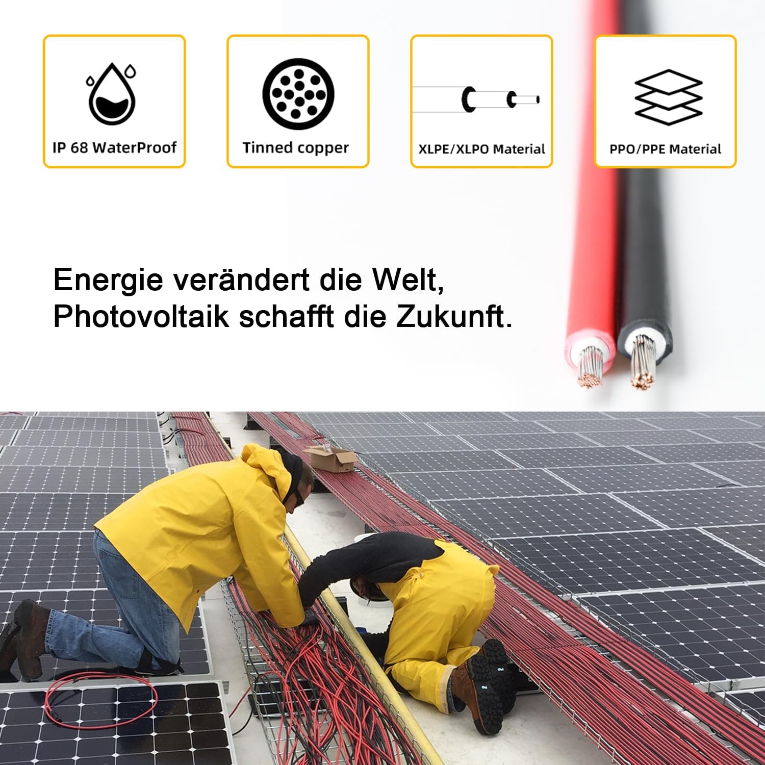 6mm² Solarkabel Verlängerung 2×15m, Solarmodule Solar Verlängerungskabel 6mm2 15m, Solarpanel Solar Kabel mit IP68 Wasserdicht 1500V Solarstecker für Solaranlage Photovoltaik System