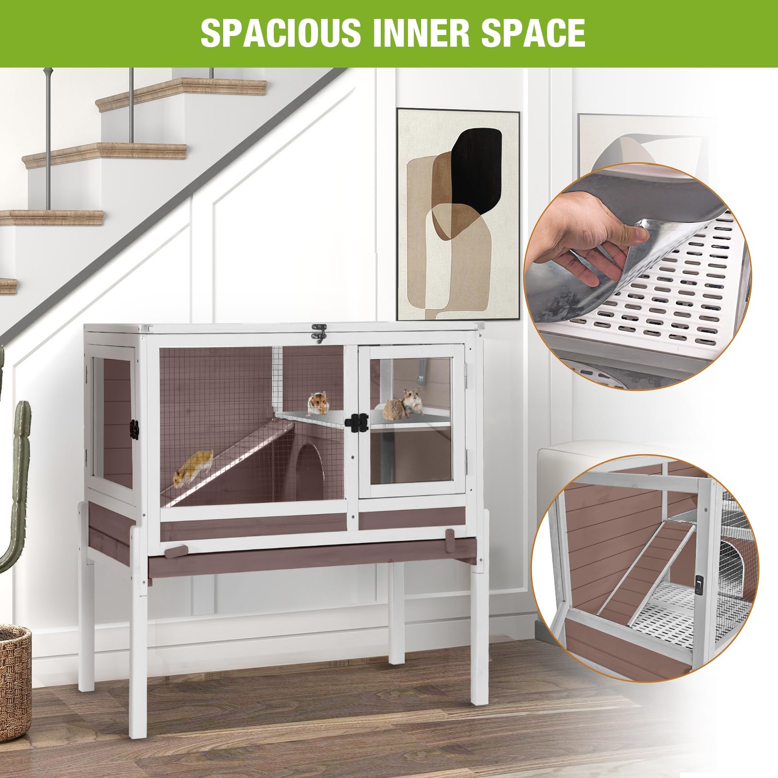 Wooden Guinea Pig Cages Indoor,Two-Story Wooden Rabbit Cage Hutch with Removable Stand and Pull Out Tray, Small Animals Cage Habitat with Ramp and Plastic Mesh(Brown&White)