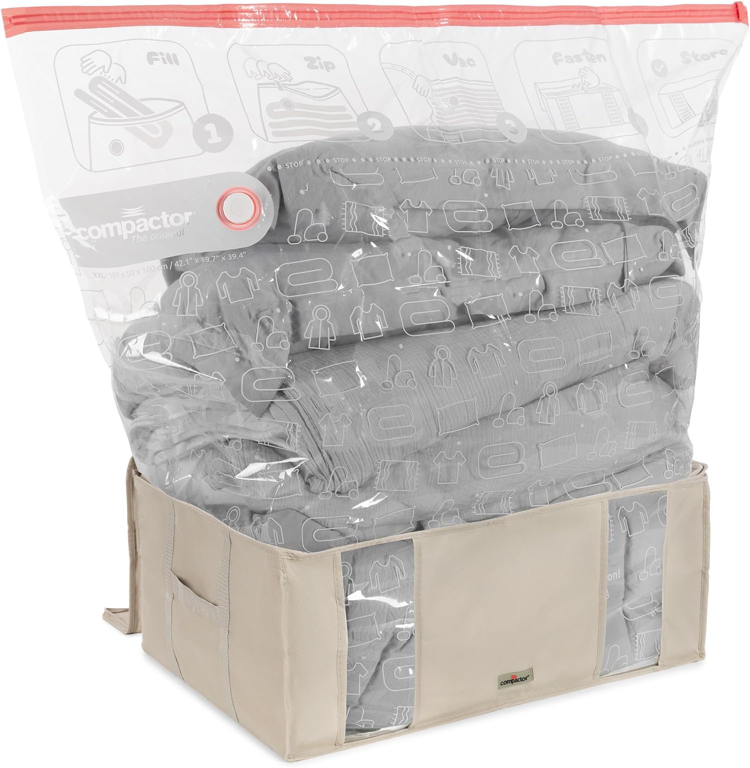 Compactor Vacuum Storage Bag with Semi-Rigid Box, Closet Organizer, Vacuum Seal Bags for Clothing and Bedding, Fits All Vacuum and Nozzle Types, 210L, Beige, XXL