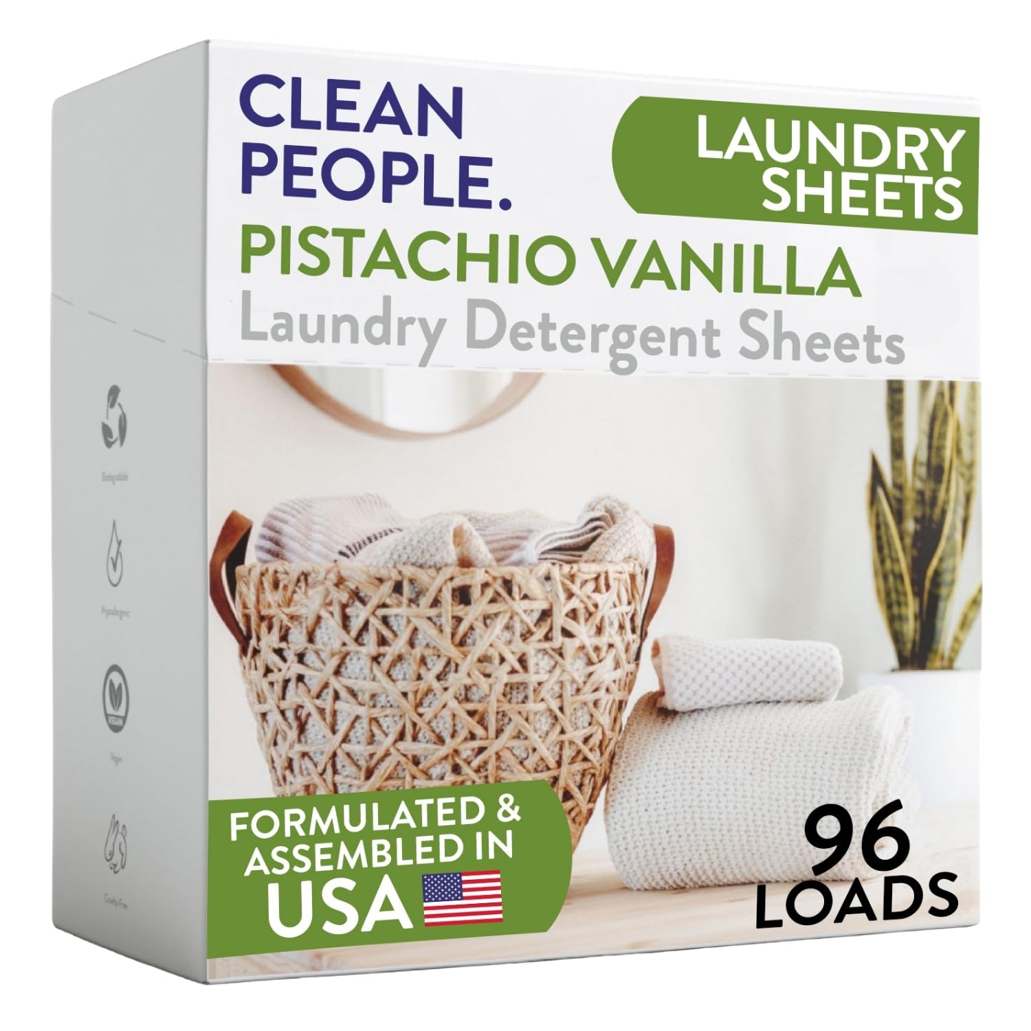 The Clean People Laundry Detergent Sheets - Laundry Soap - Ultra Concentrated, Recyclable Packaging, Stain Fighting - Pistachio Vanilla, 96 Pack