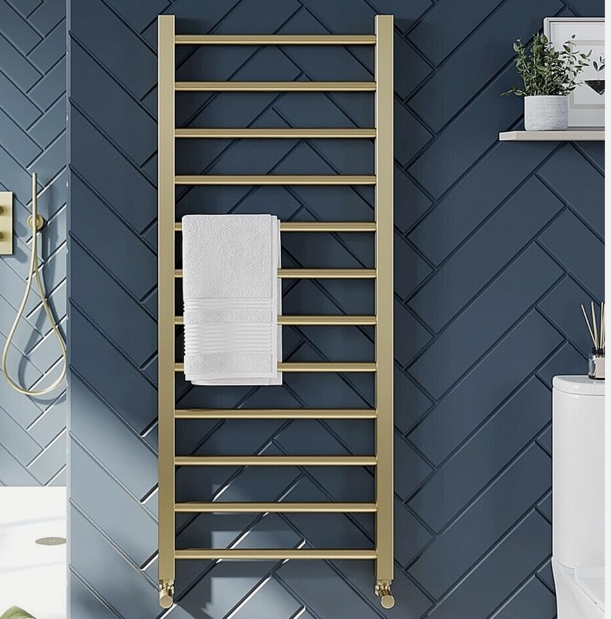 Brushed Brass Towel Bathroom Radiator & Valves (1600 x 500 Radiator)
