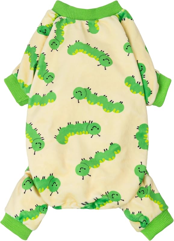 Pijama de Fleece para Cães Pequenos Fitwarm com Estampa de Lagarta, Bege e Verde, Tamanho Médio