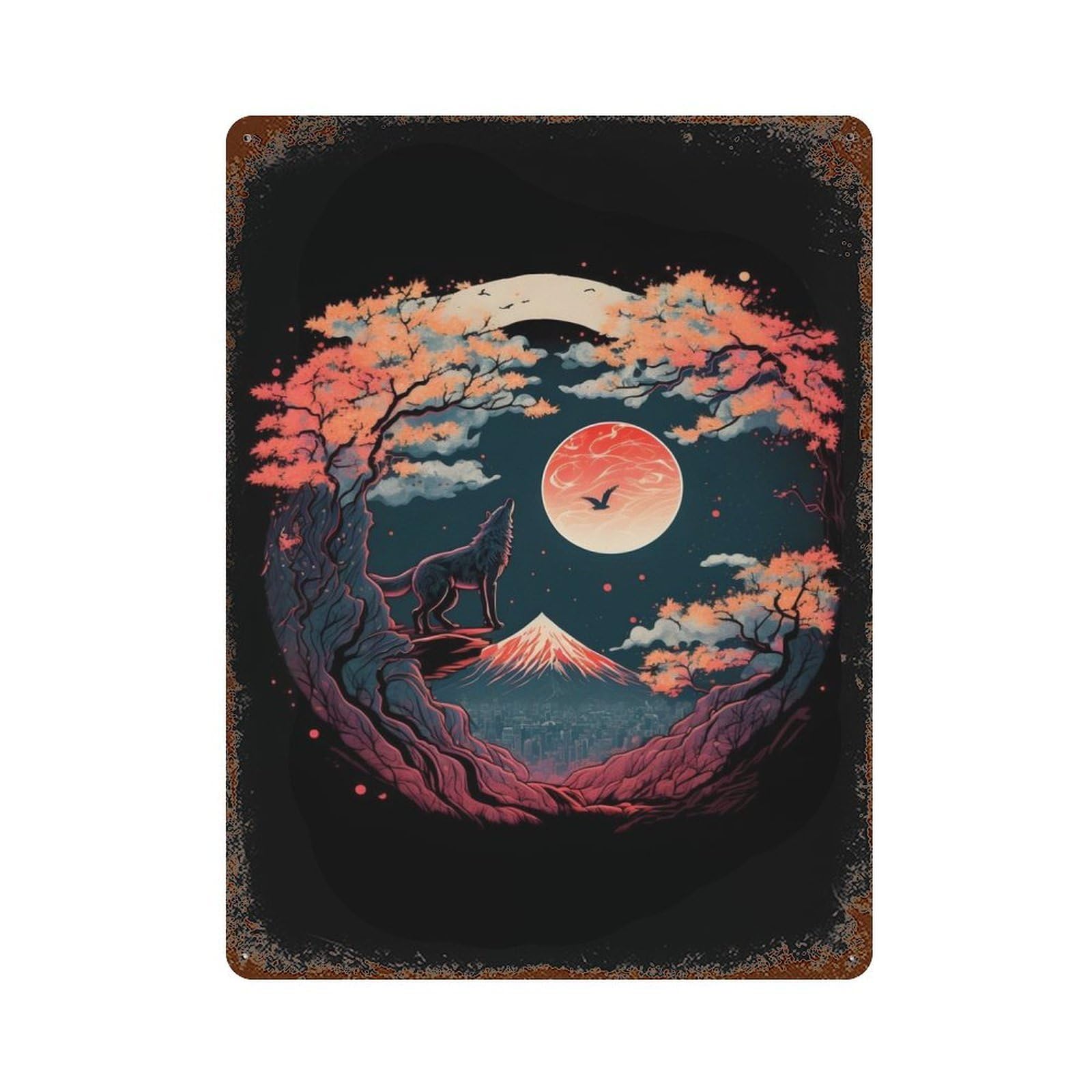 Distressed Metal Wall Sign Japanese Wolf Night 15.7"x11.8", Vintage Wall Decor for Garage, Bar And Workshop Decor