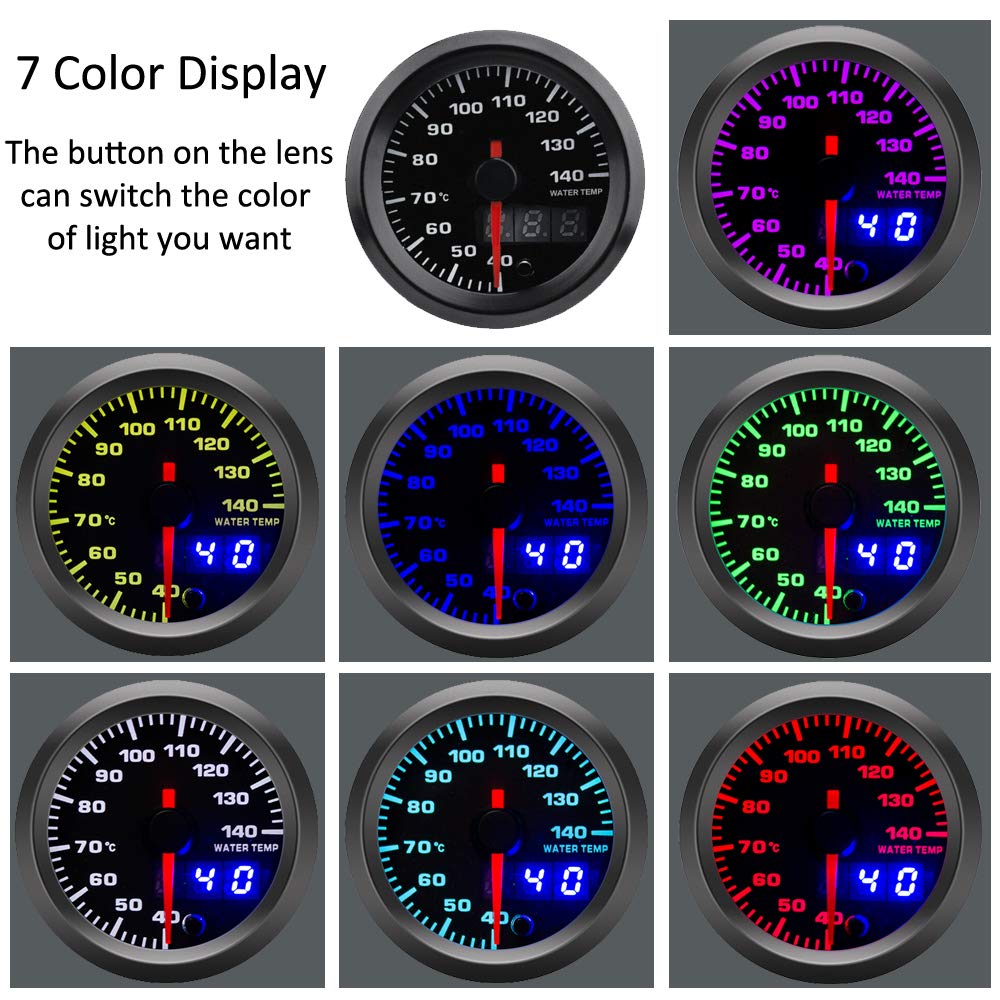 52mm pointeur de Moteur dvoiture kit de jauge de température de l'eau Celsius Indicateur Lumineux LED 7 Couleurs Cadran Numérique Double d'affichage