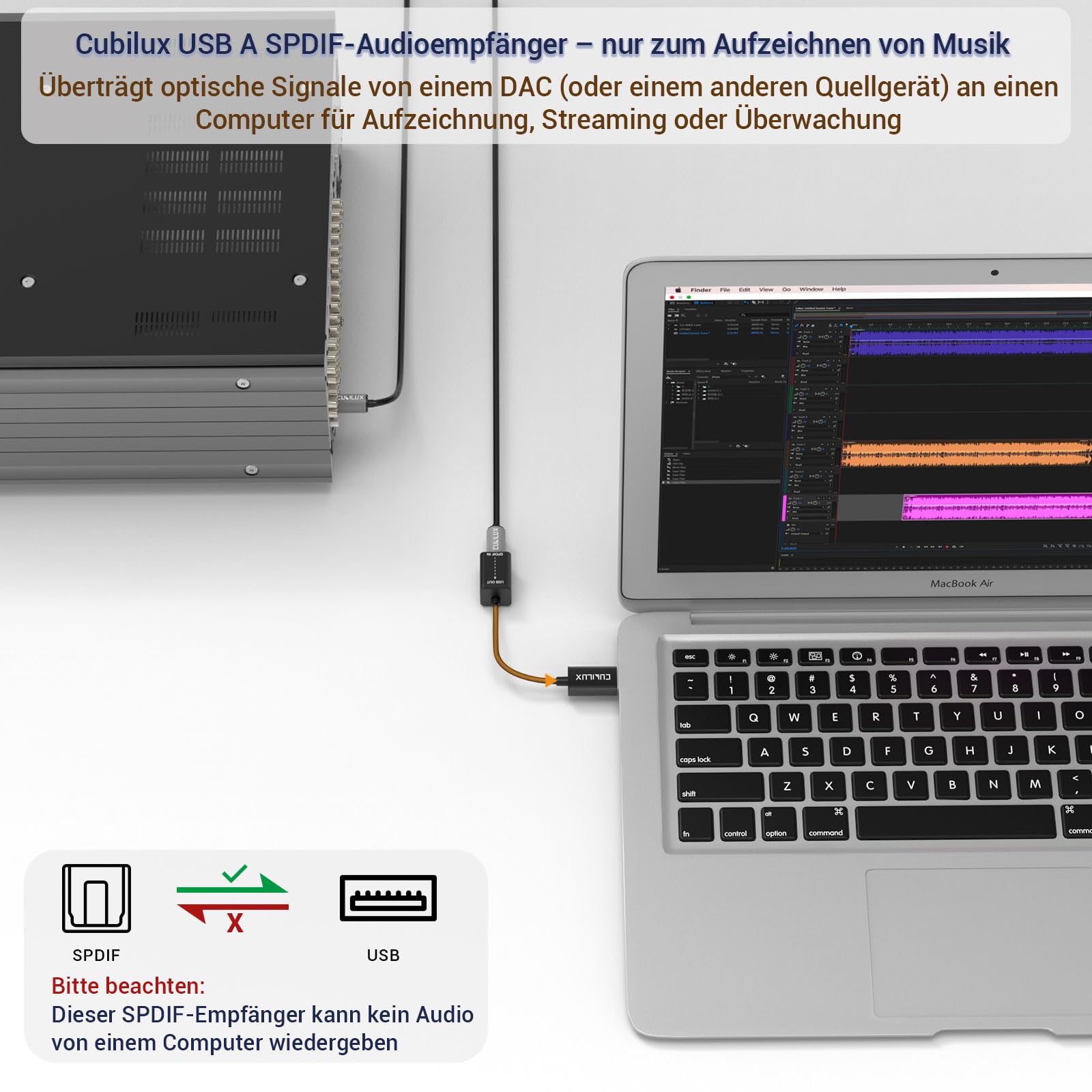 Cubilux USB A SPDIF Eingang Adapter für PC, Toslink auf USB Receiver, Optical Line In Dongle, Stereo Aufnahme, Nicht zur Wiedergabe