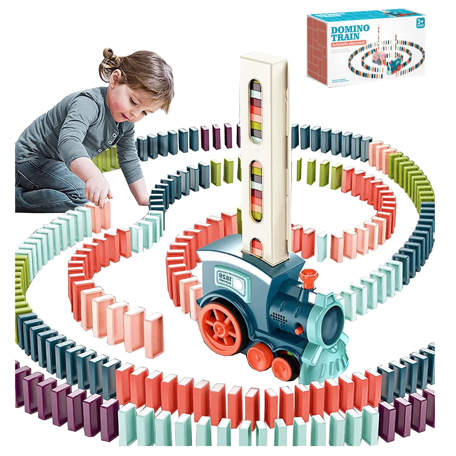 Domino Train Toy Set with 180Pcs Domino Blocks, Automatic Domino Train for 3 4 5 6 7 Years Old, Dominoes Rally Train Sets for Kids Boys Girls (Blue 180pcs Blocks)