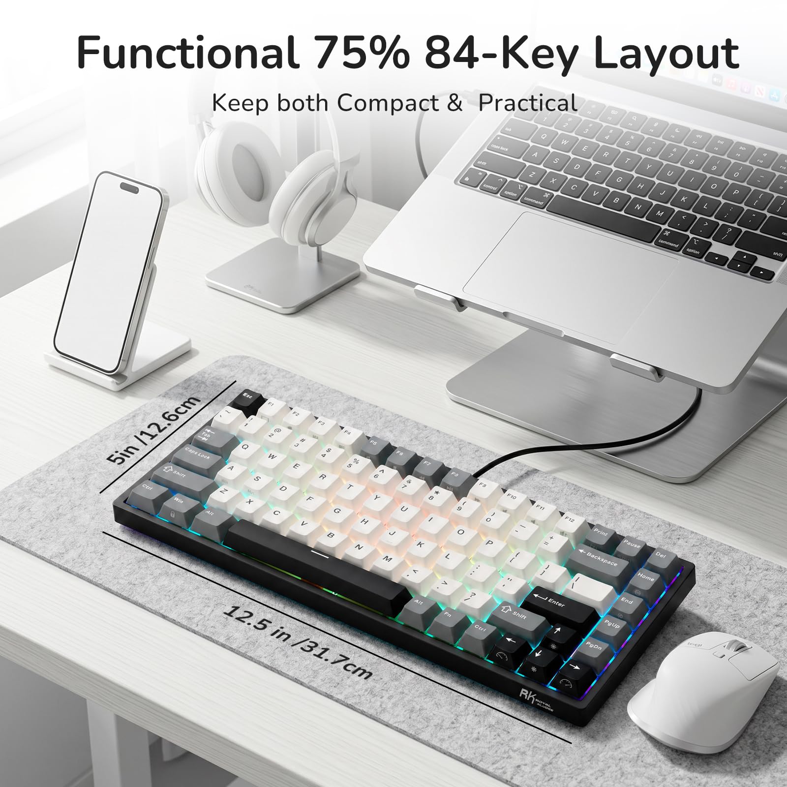 RK ROYAL KLUDGE RK84 – przewodowa klawiatura mechaniczna do gier z 75% układem TKL, podświetleniem RGB i funkcją hot-swap, układ US QWERTY